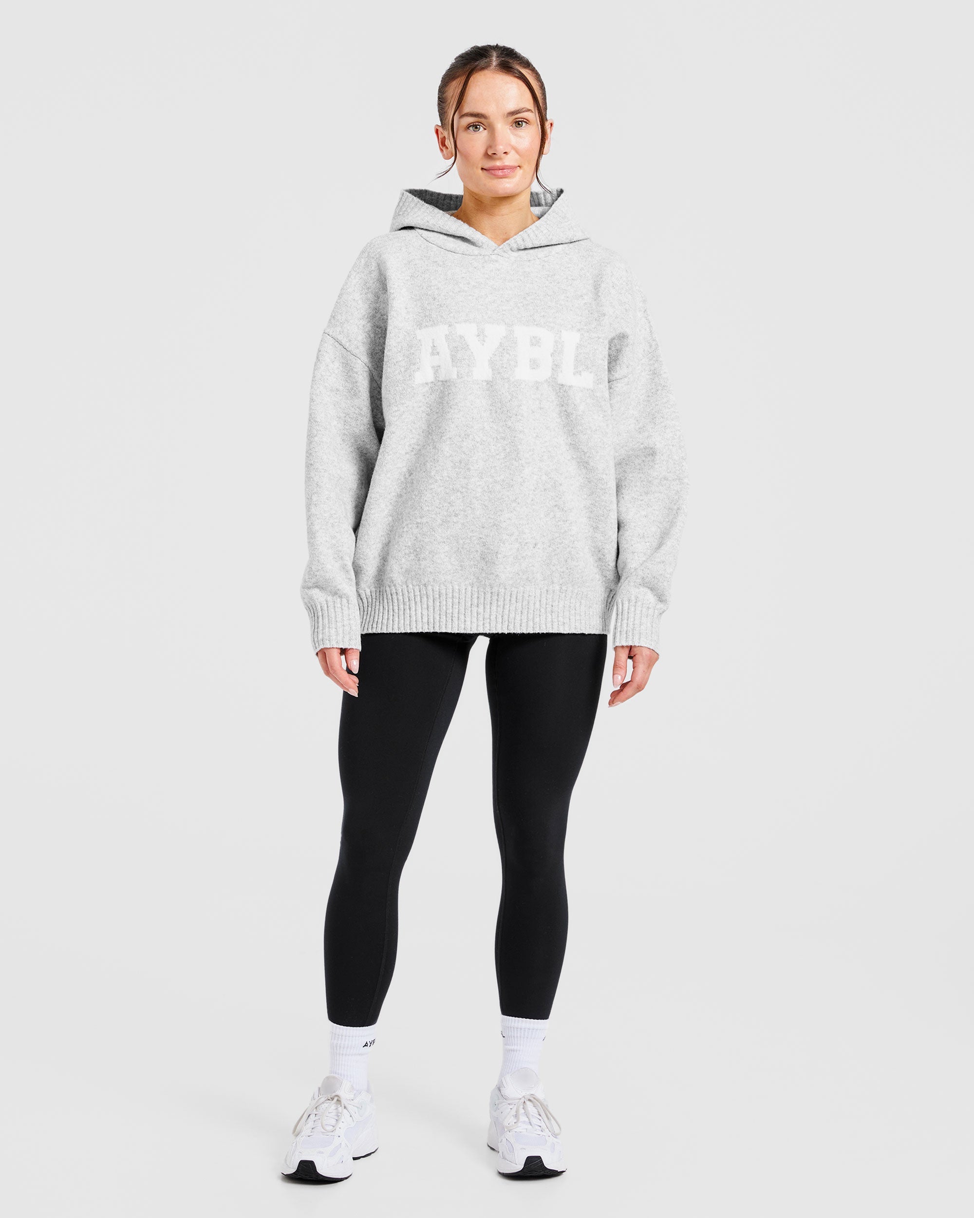Varsity Oversized Knitted Hoodie - Grey Marl