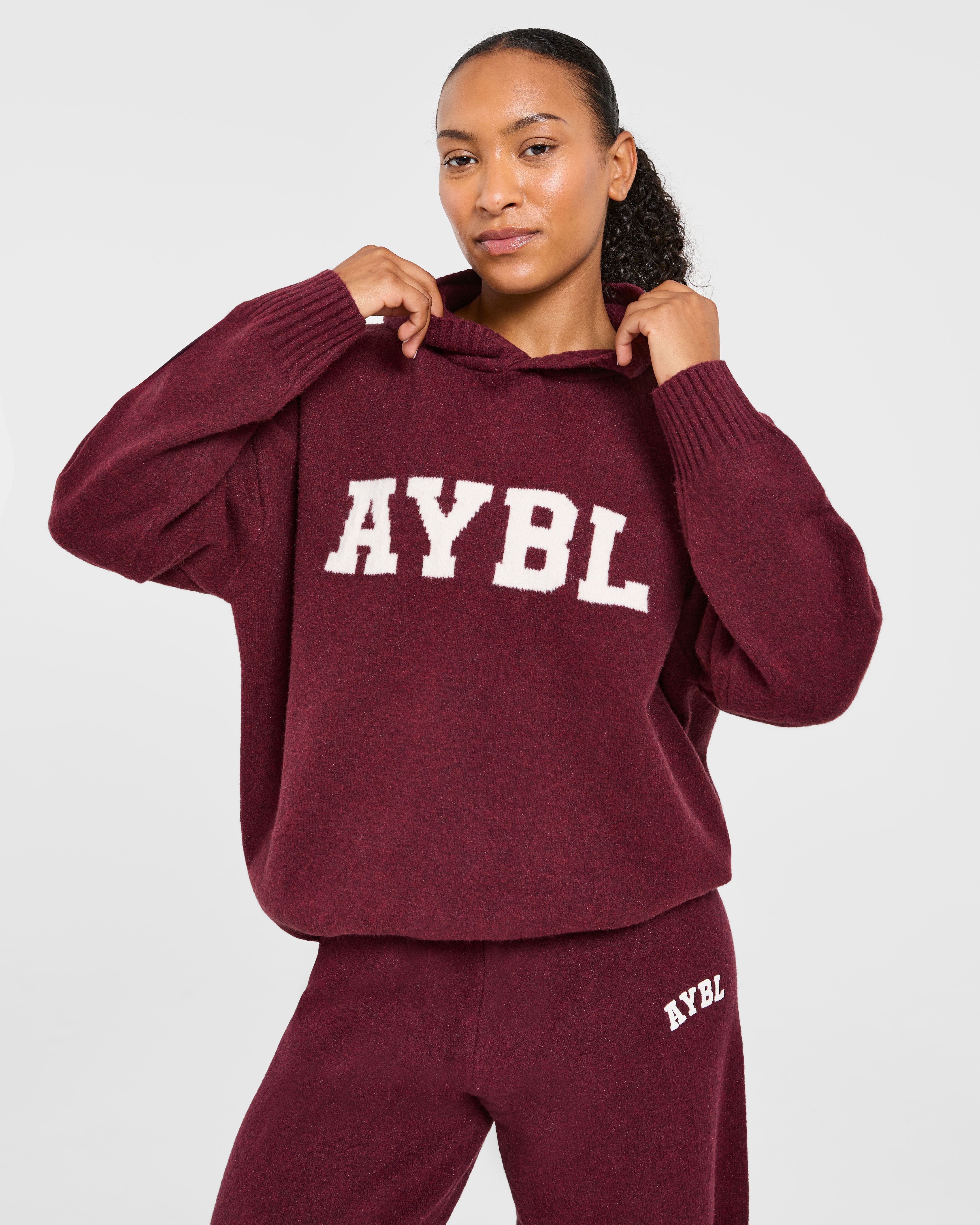 Varsity Oversized Knitted Hoodie - Burgundy