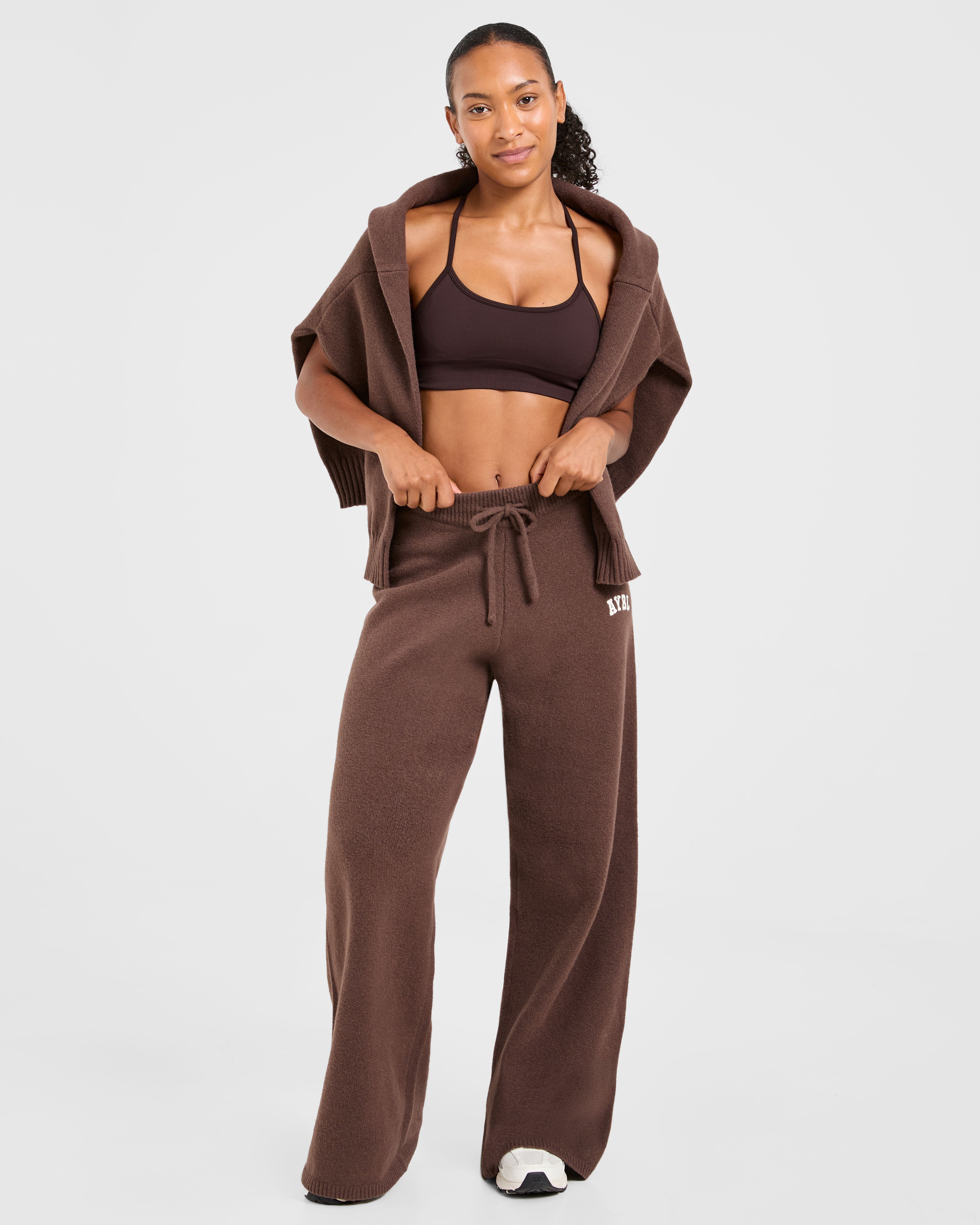 Varsity Oversized Knitted Joggers - Brown
