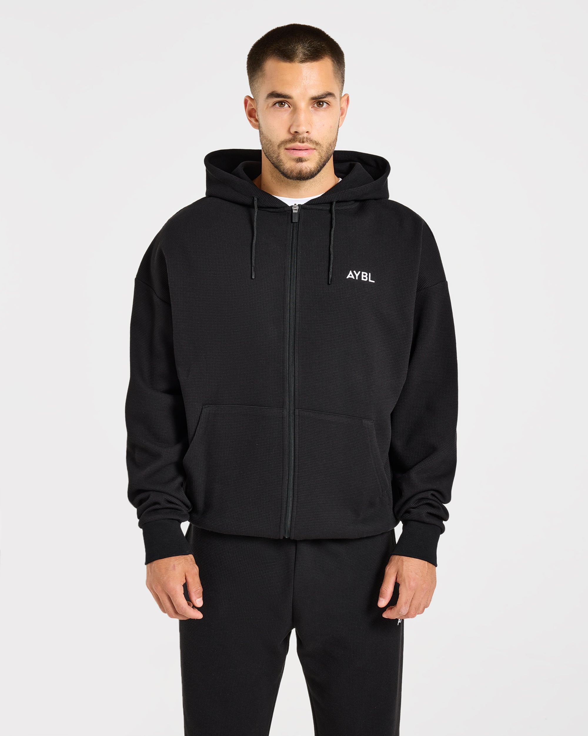 Waffle Oversized Full Zip Hoodie - Black