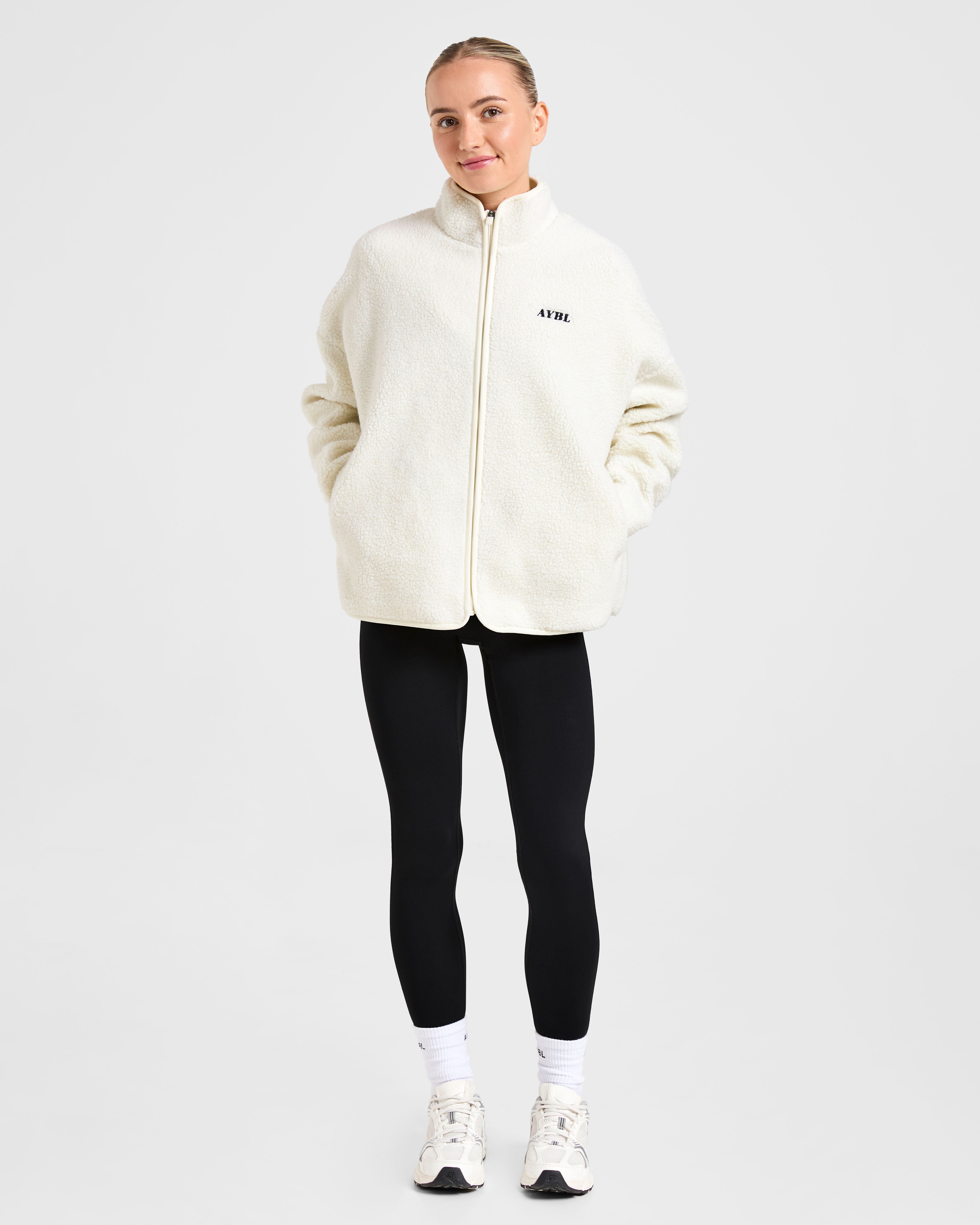Oversized Zip Up Fleece Jacket - Cream