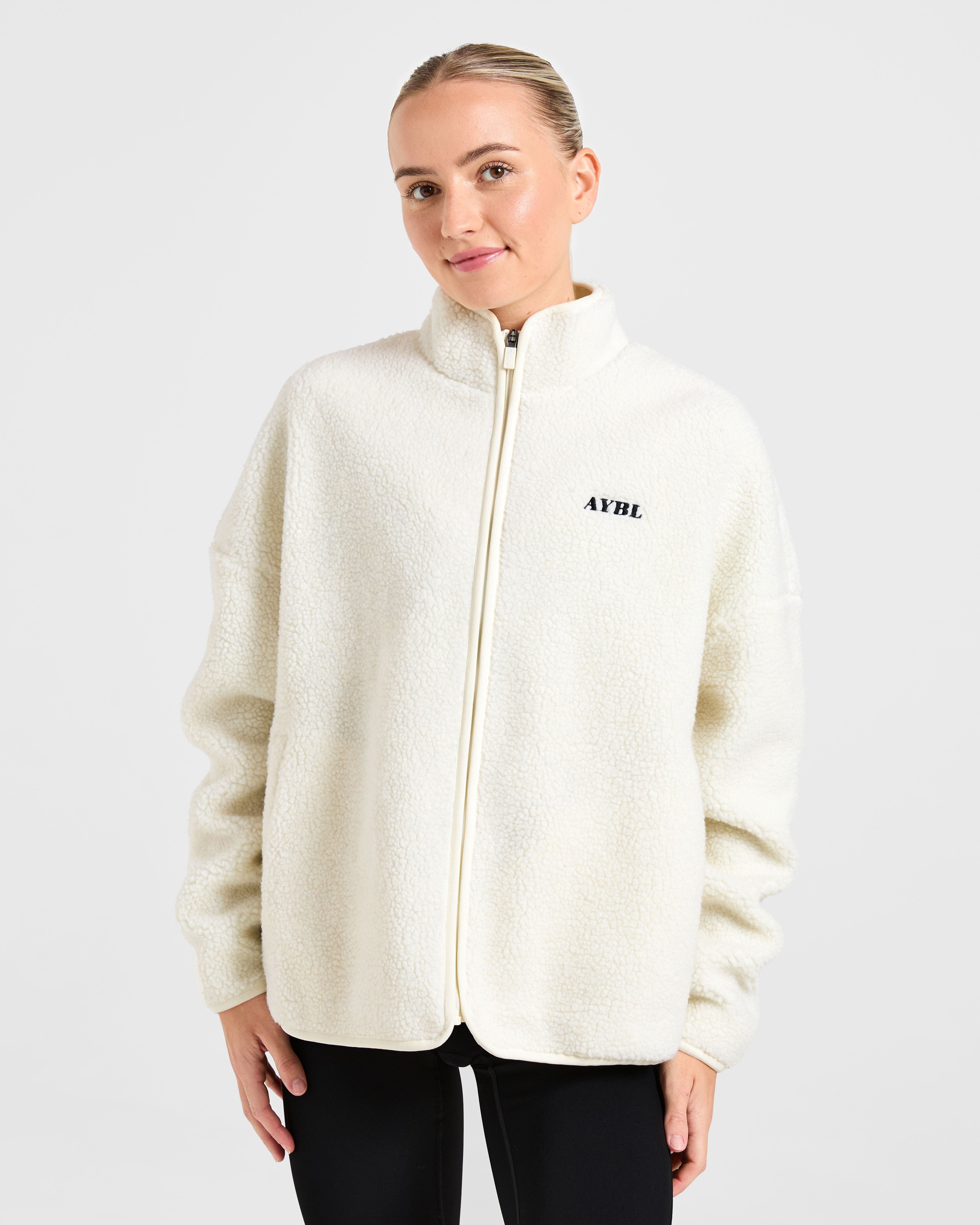 Oversized Zip Up Fleece Jacket - Cream