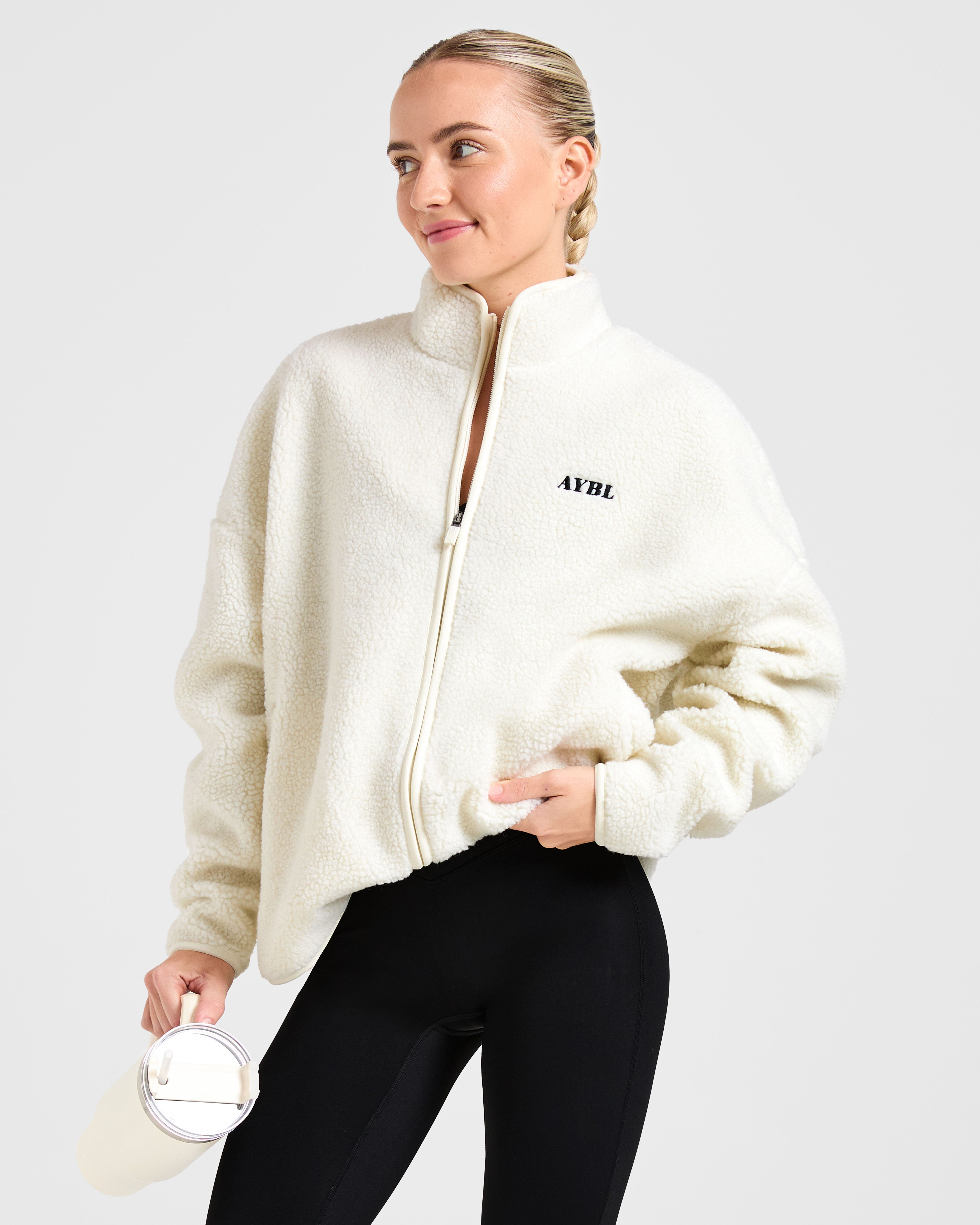 Oversized Zip Up Fleece Jacket - Cream