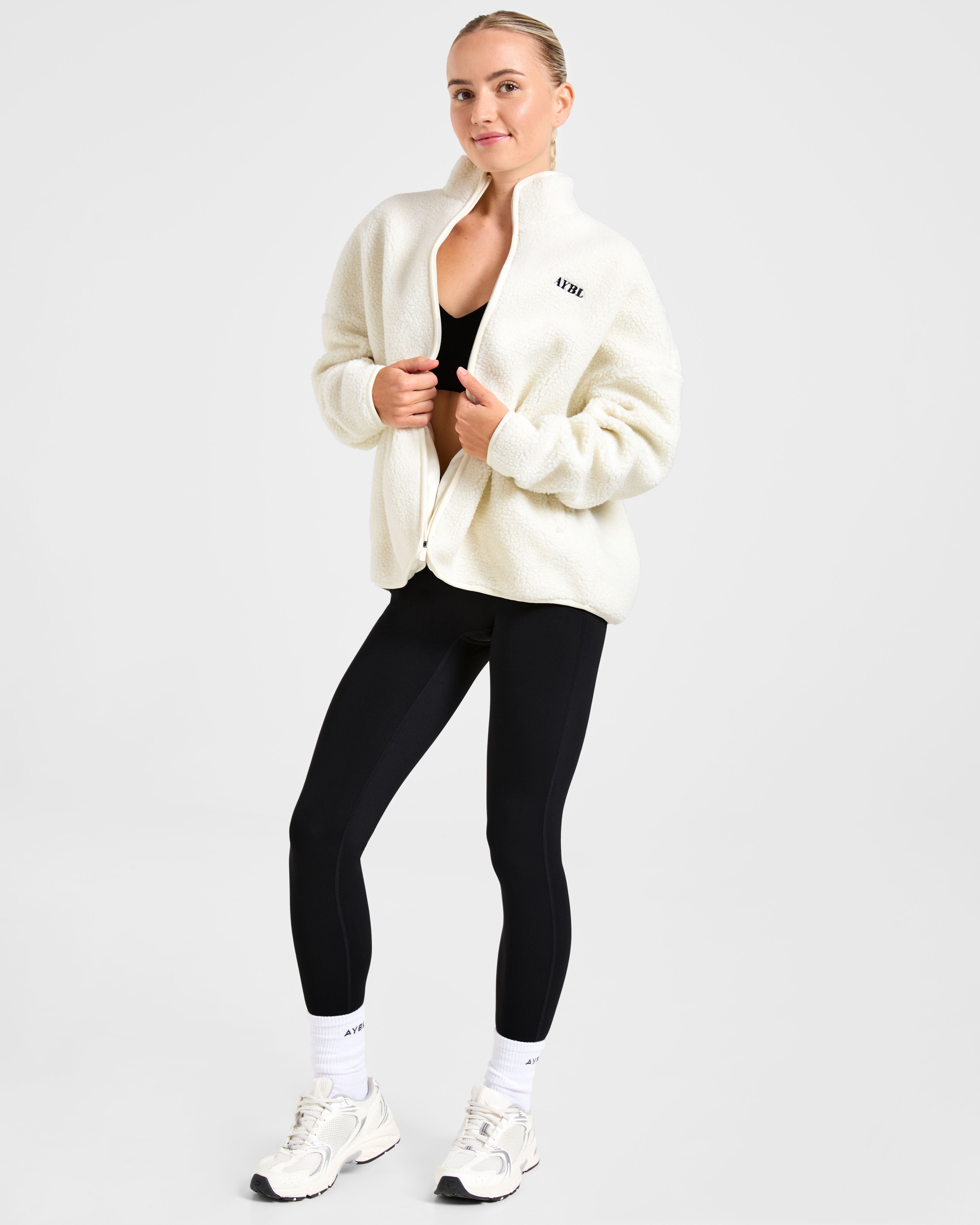 Oversized Zip Up Fleece Jacket - Cream