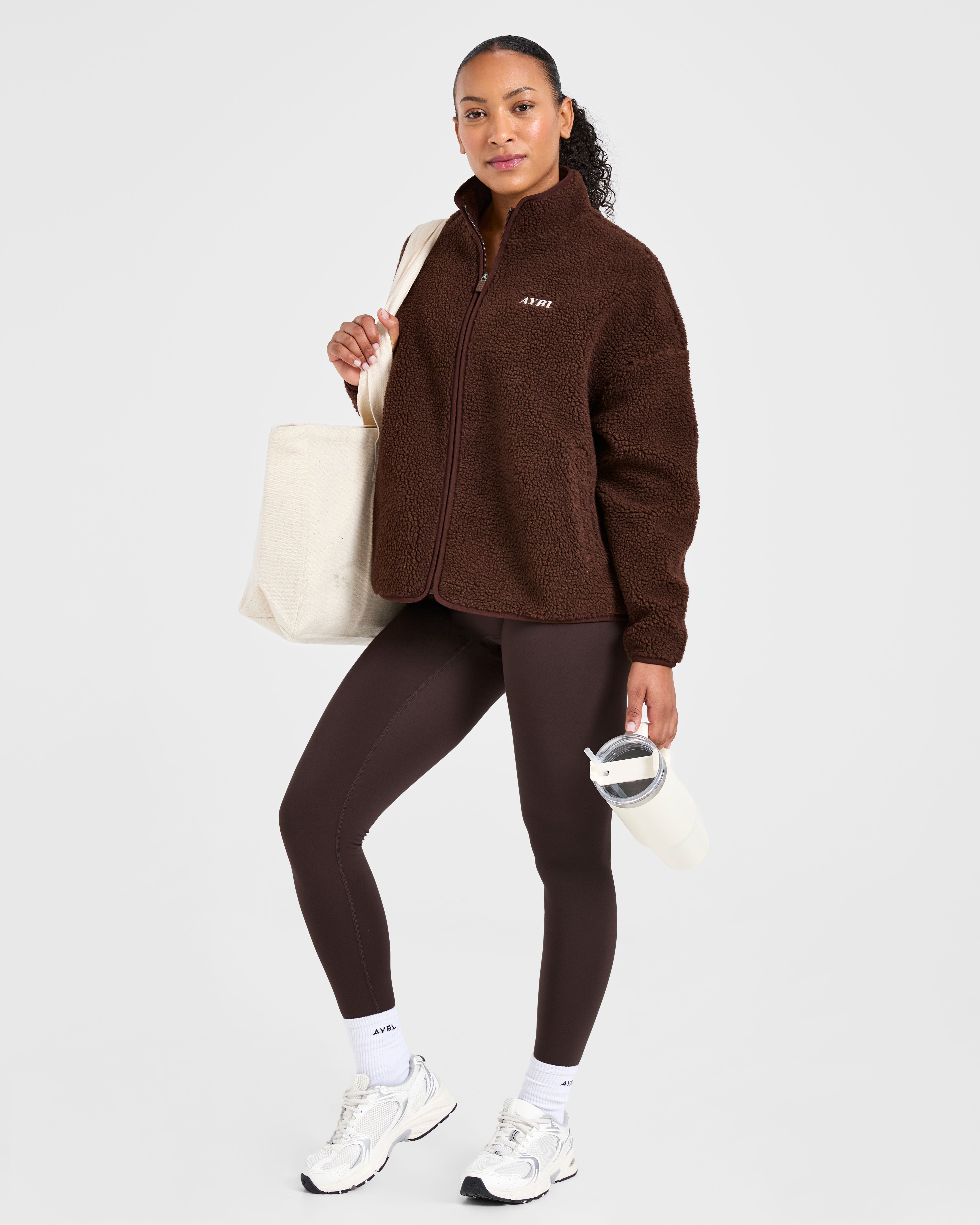 Oversized Zip Up Fleece Jacket - Brown