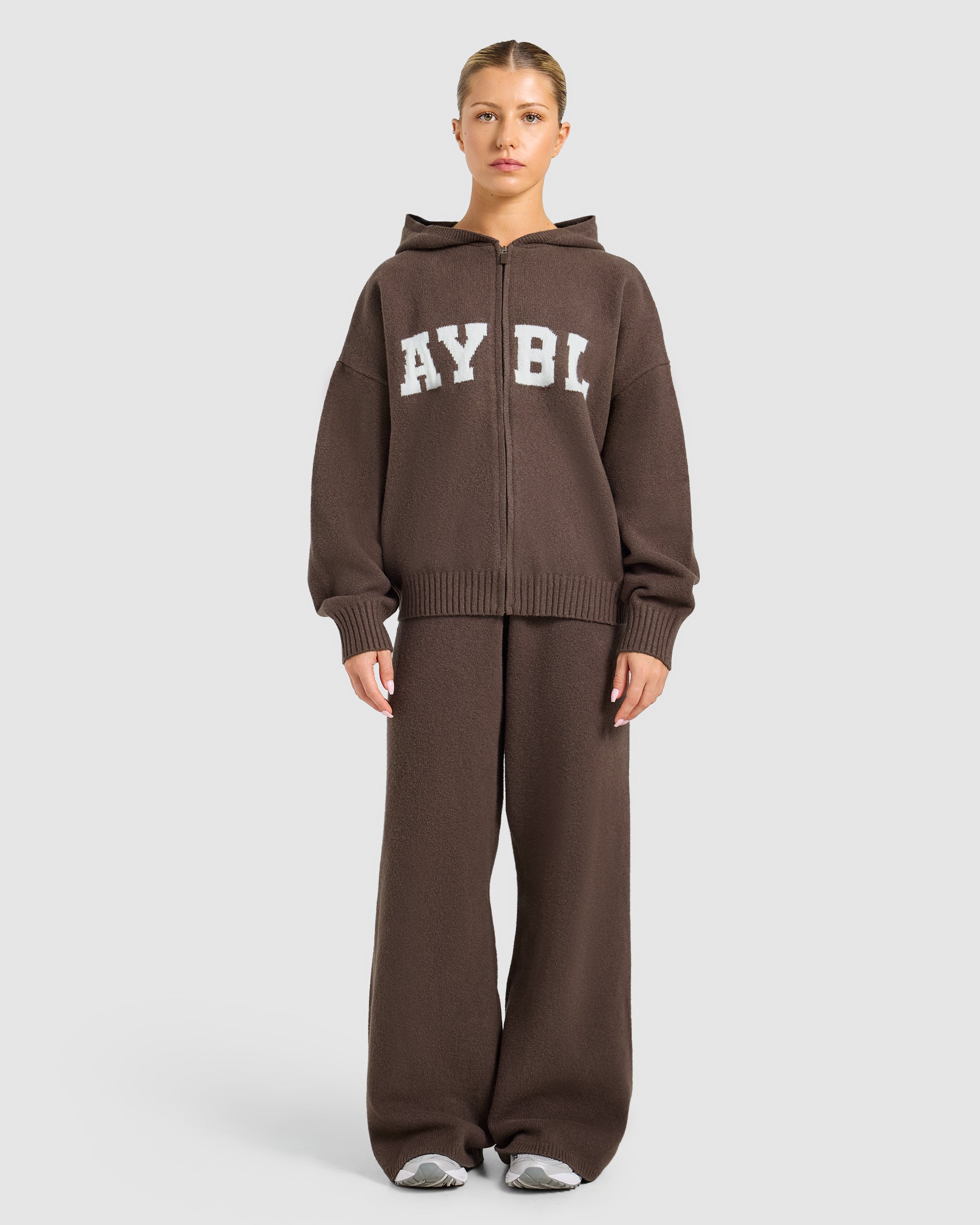 Varsity Oversized Knitted Zip Up Hoodie - Brown
