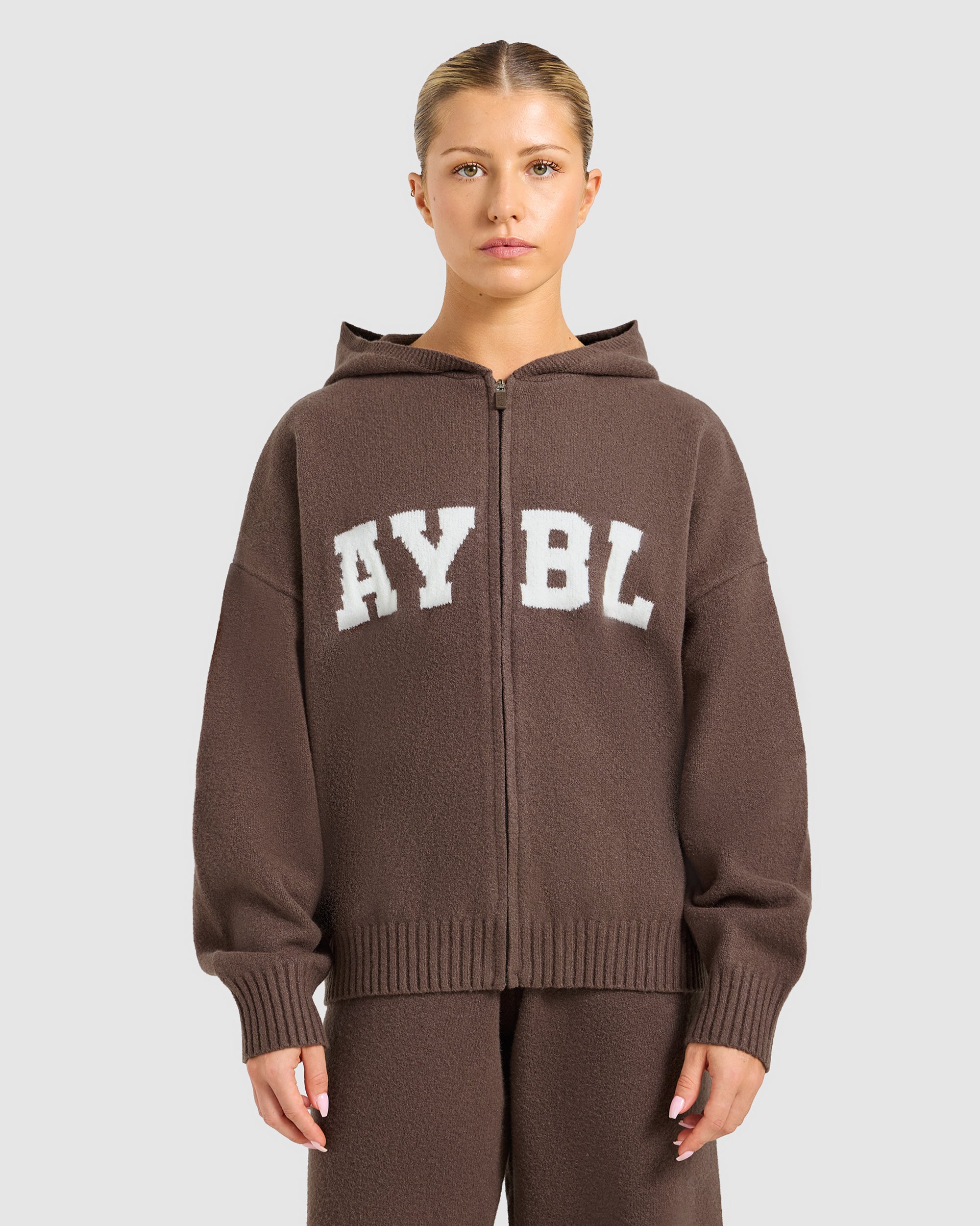 Varsity Oversized Knitted Zip Up Hoodie - Brown