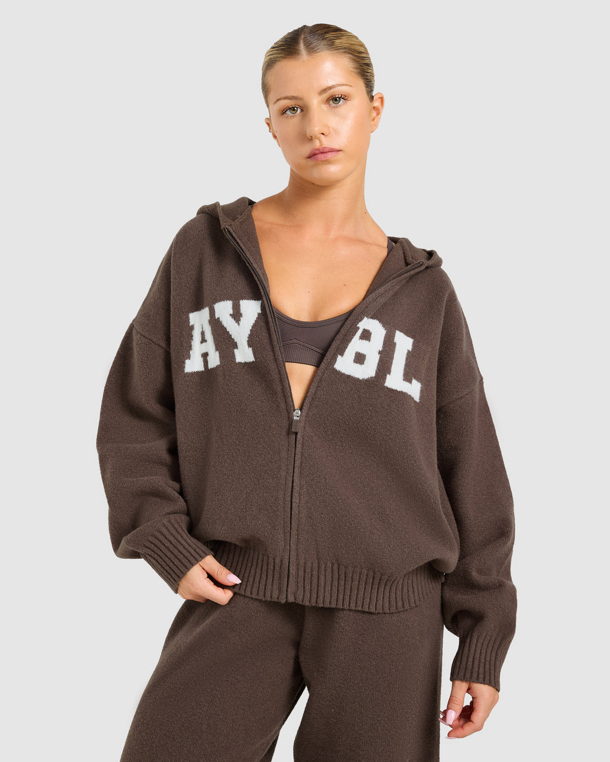 Varsity Oversized Knitted Zip Up Hoodie - Brown