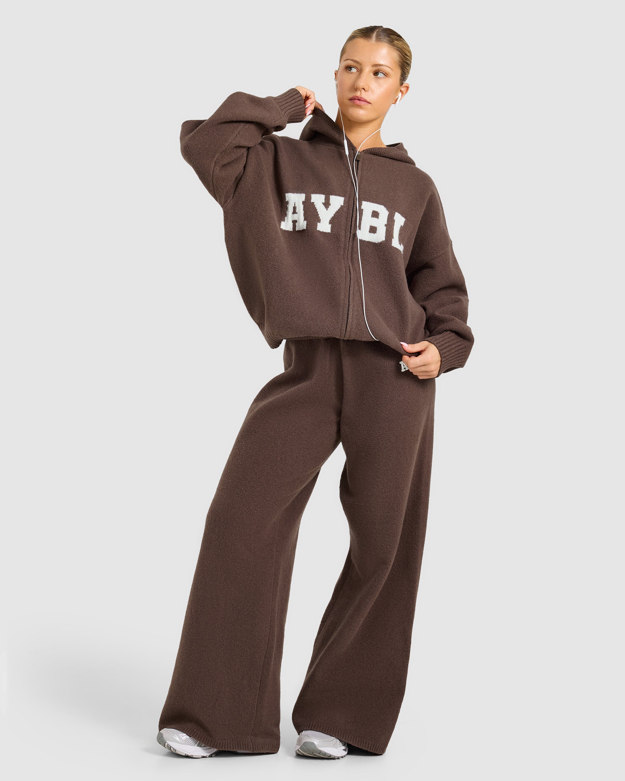 Varsity Oversized Knitted Zip Up Hoodie - Brown