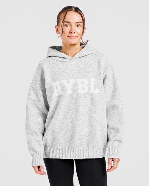 【U LAN】Ber Oversized Knitwear Hoodie Varsity Oversized Knitted Hoodie - Grey Marl