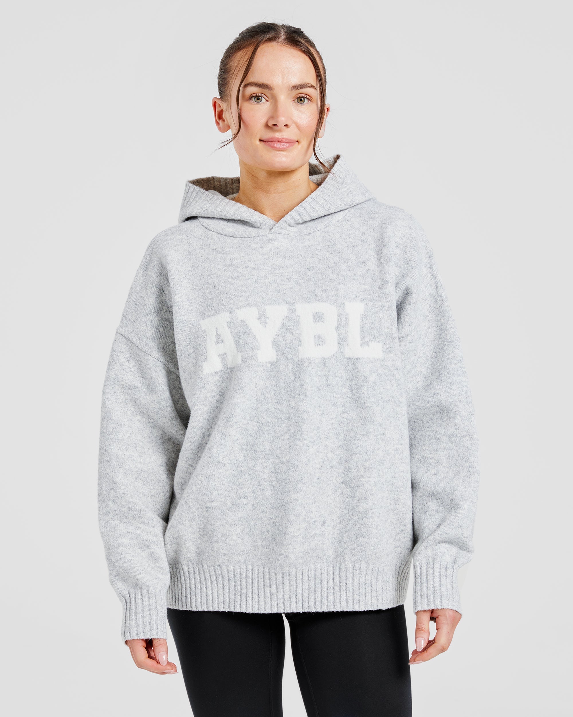 Varsity Oversized Knitted Hoodie - Grey Marl