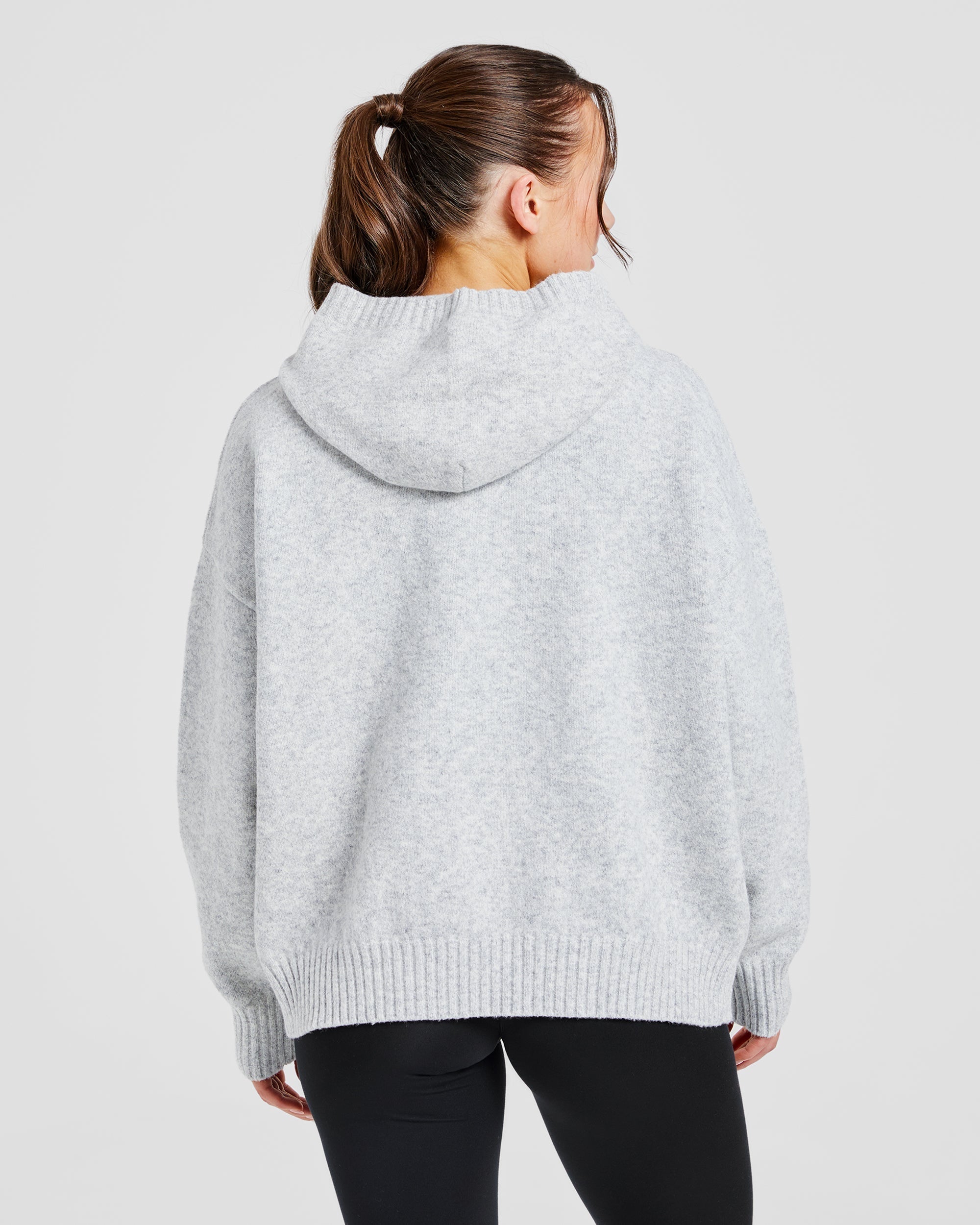 Varsity Oversized Knitted Hoodie - Grey Marl