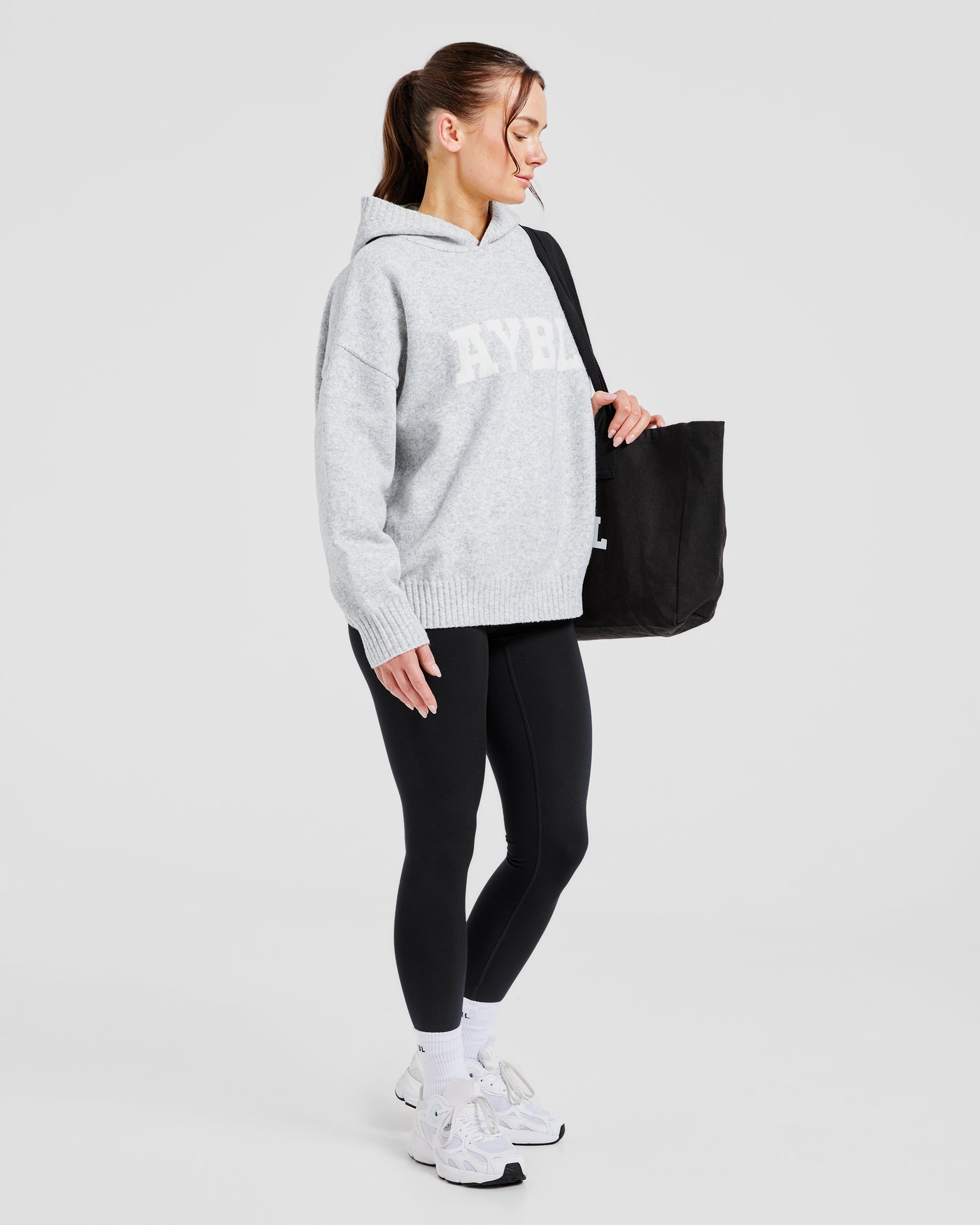 Varsity Oversized Knitted Hoodie - Grey Marl