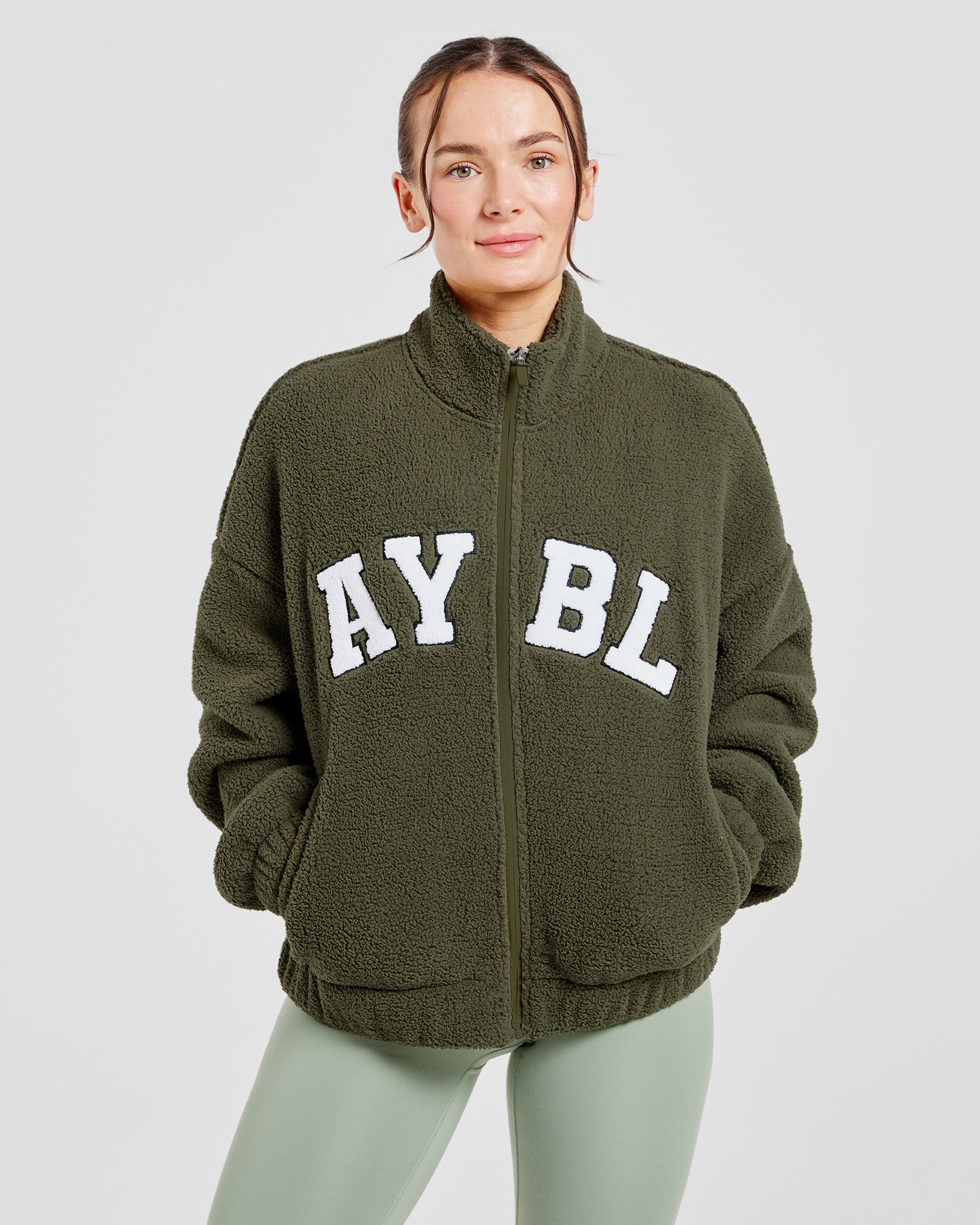 Varsity Oversized Fleece Zip Up Jacket - Khaki Green