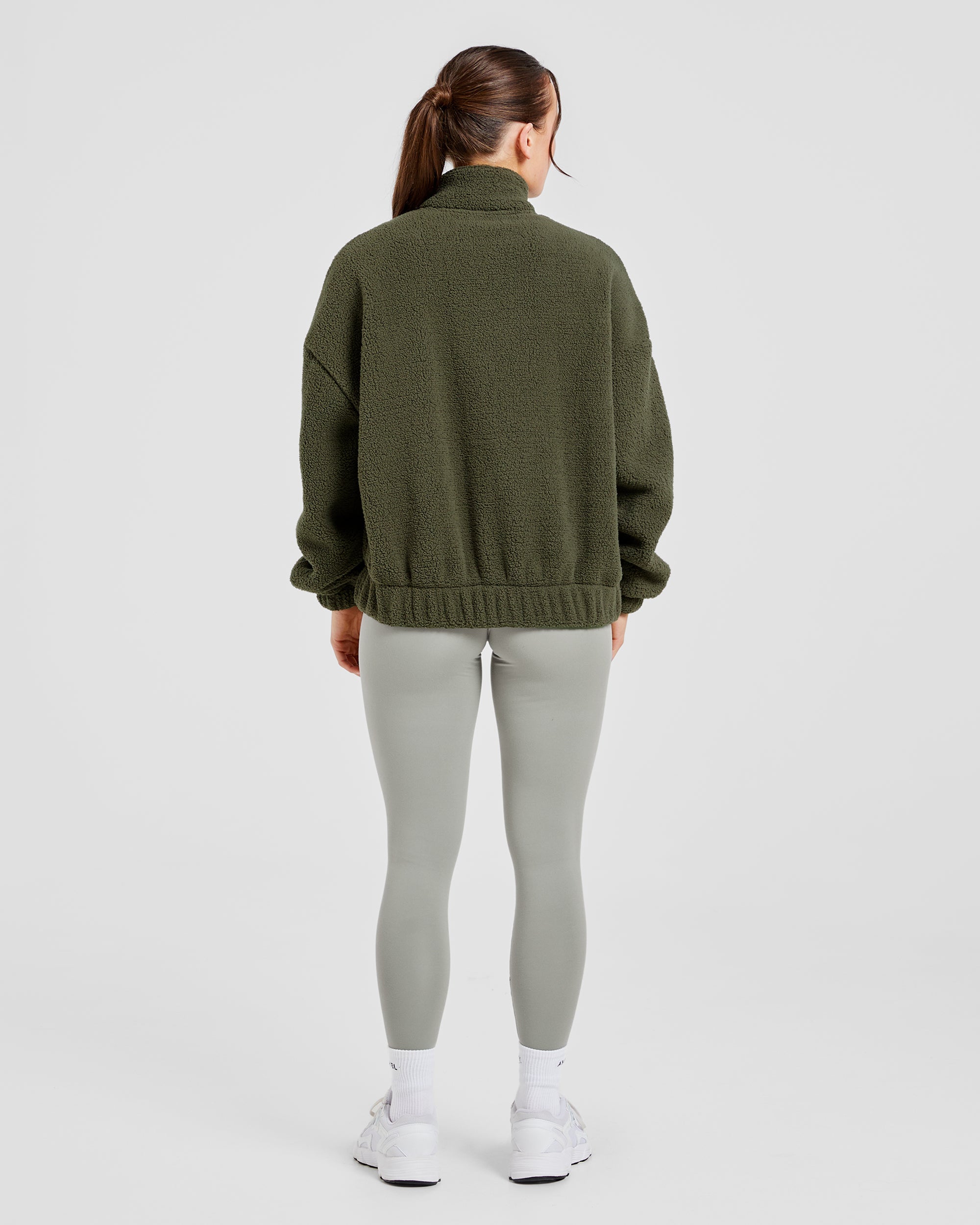 Varsity Oversized Fleece Zip Up Jacket - Khaki Green