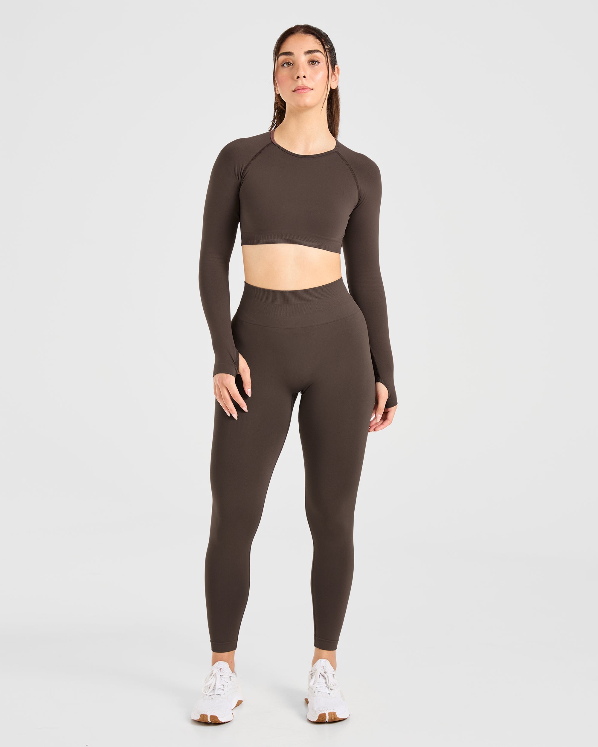 Power Seamless Long Sleeve Crop Top - Chestnut Brown