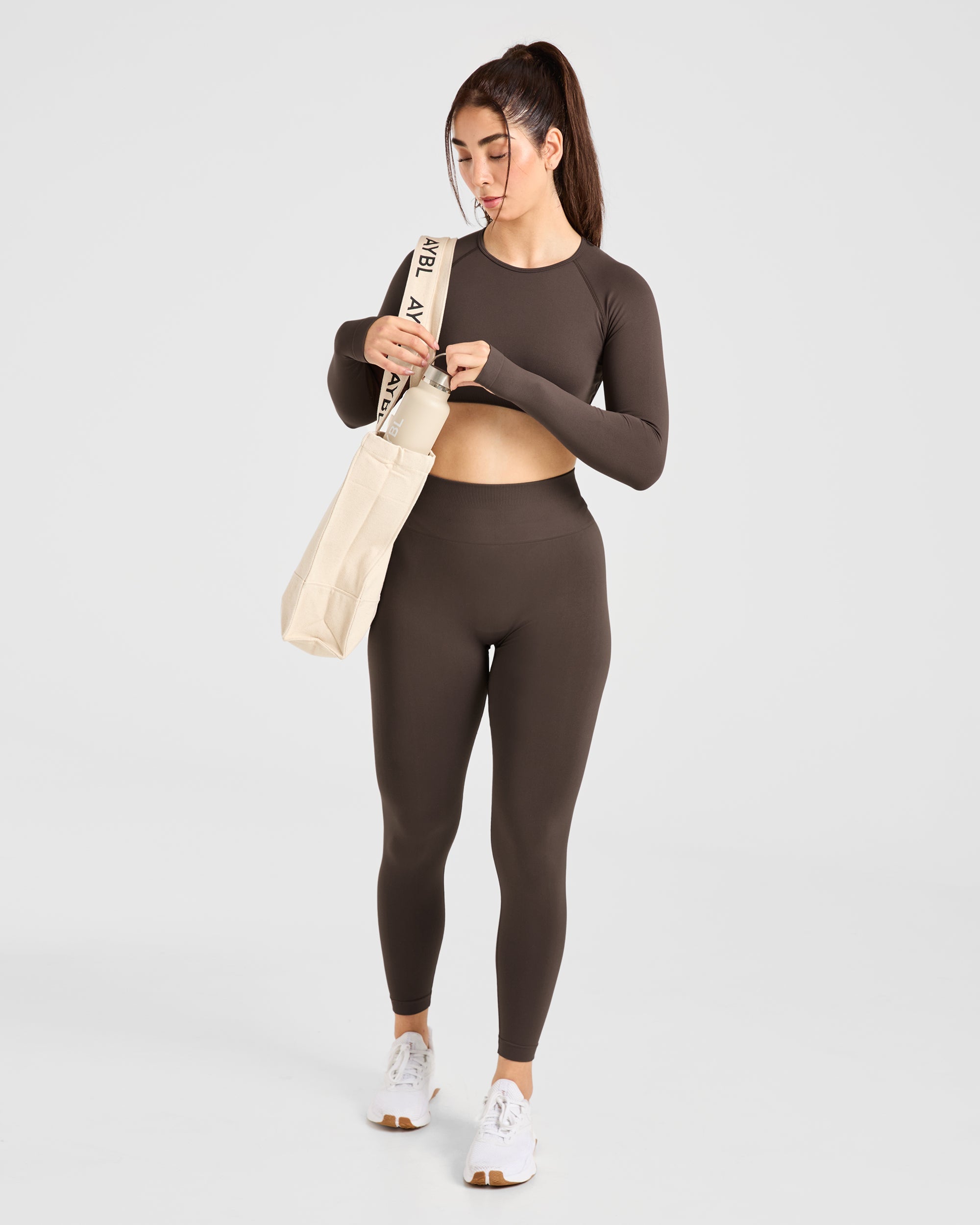 Power Seamless Long Sleeve Crop Top - Chestnut Brown