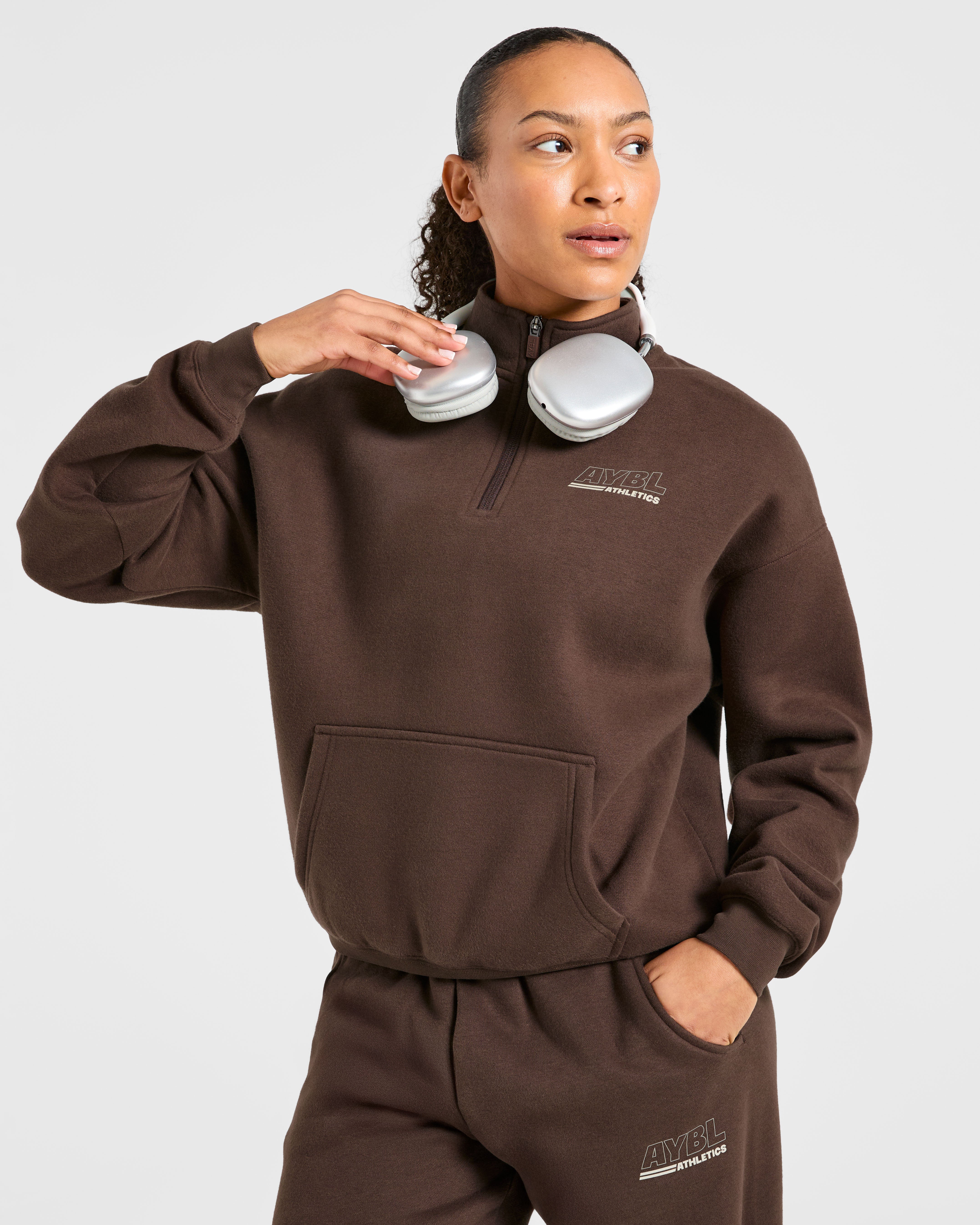 Athletics Track Oversized 1/4 Zip Pullover - Brown/Sand