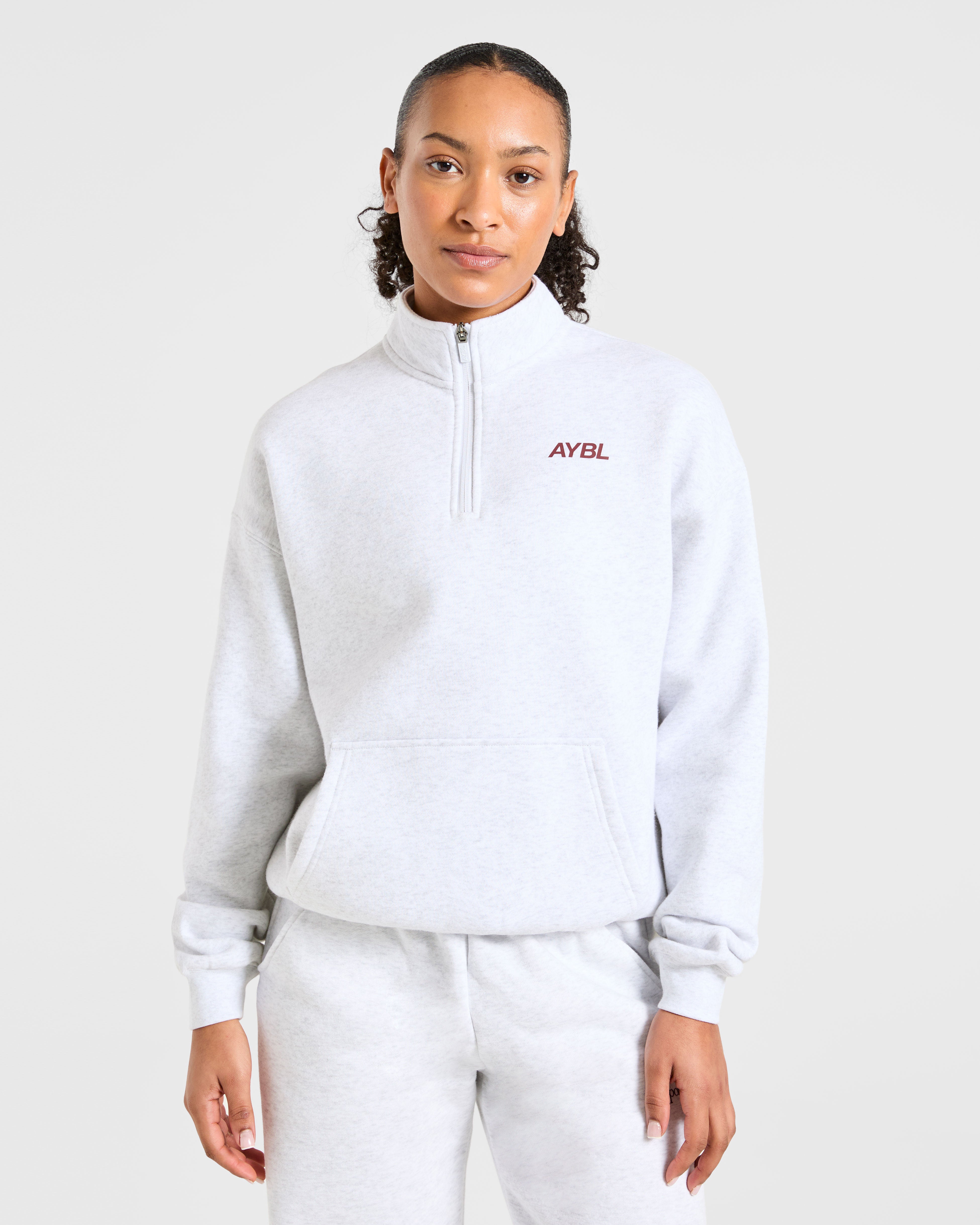 Sports Club Oversized 1/4 Zip Pullover - Grey Marl/Burgundy