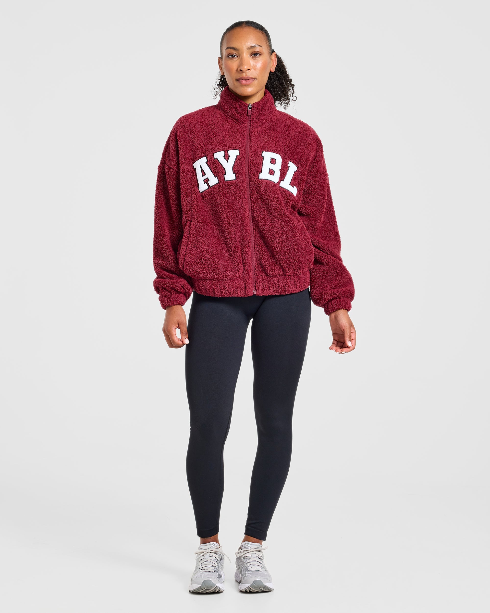 Varsity Oversized Fleece Zip Up Jacket - Mahogany Red