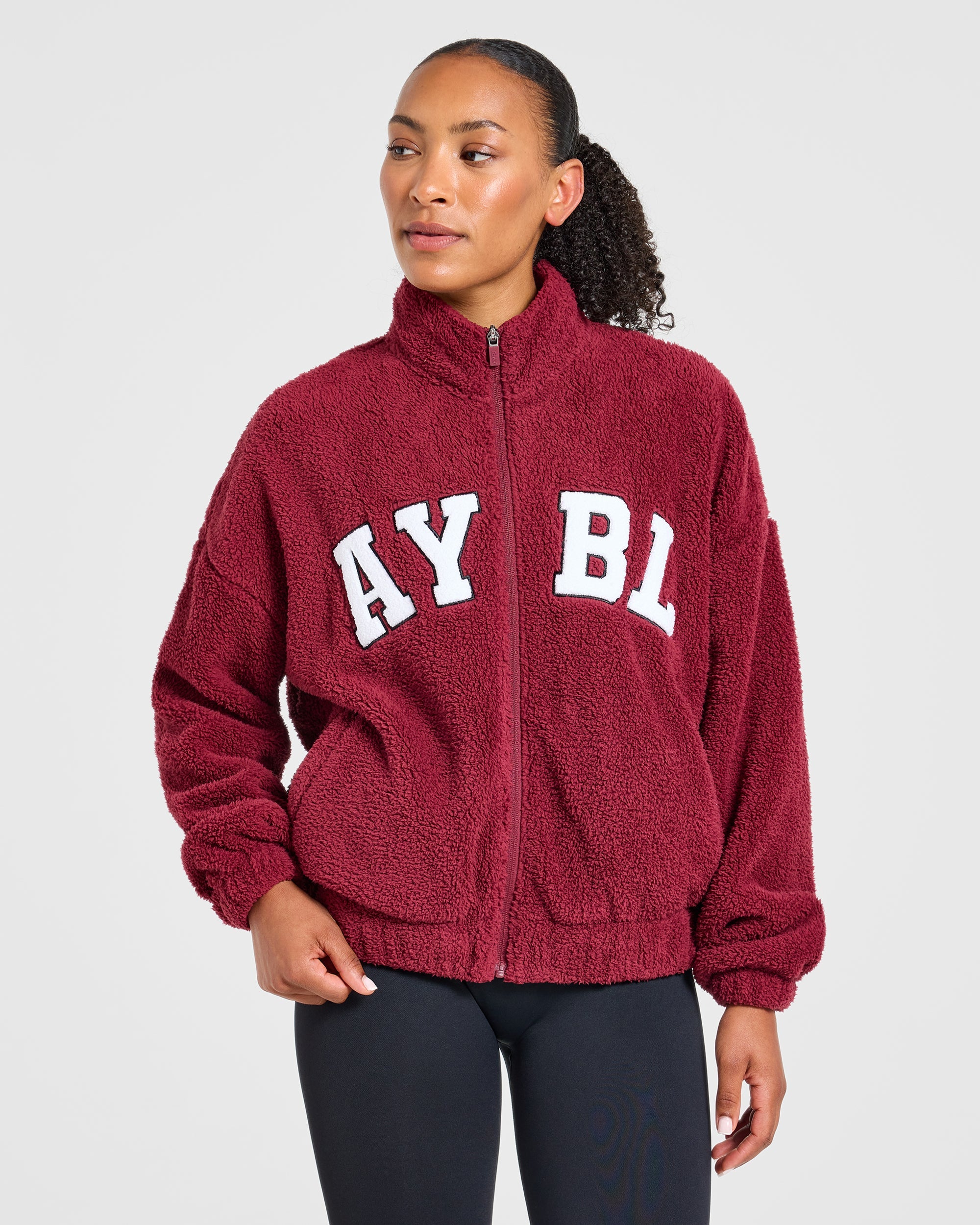 Varsity Oversized Fleece Zip Up Jacket - Mahogany Red