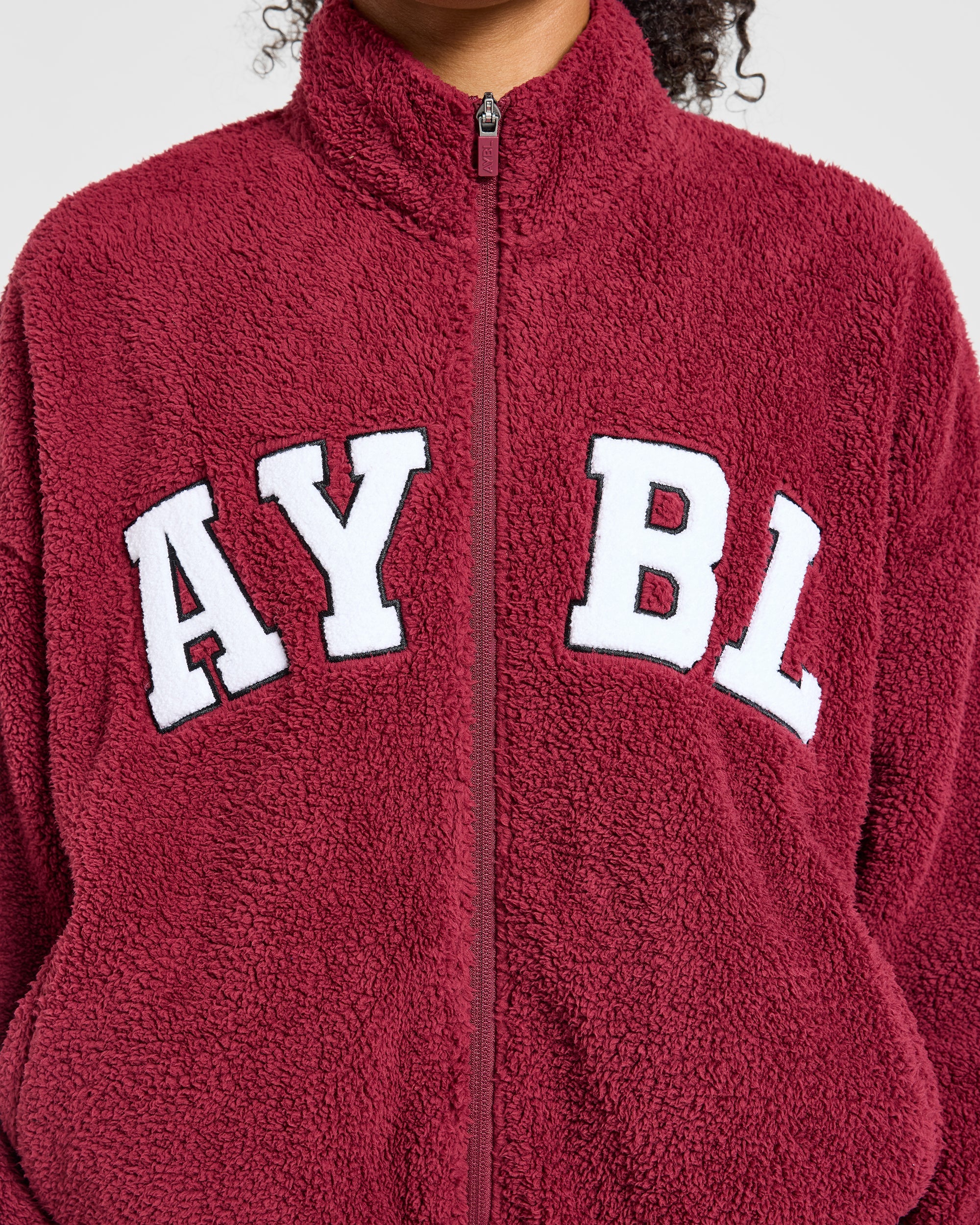 Varsity Oversized Fleece Zip Up Jacket - Mahogany Red