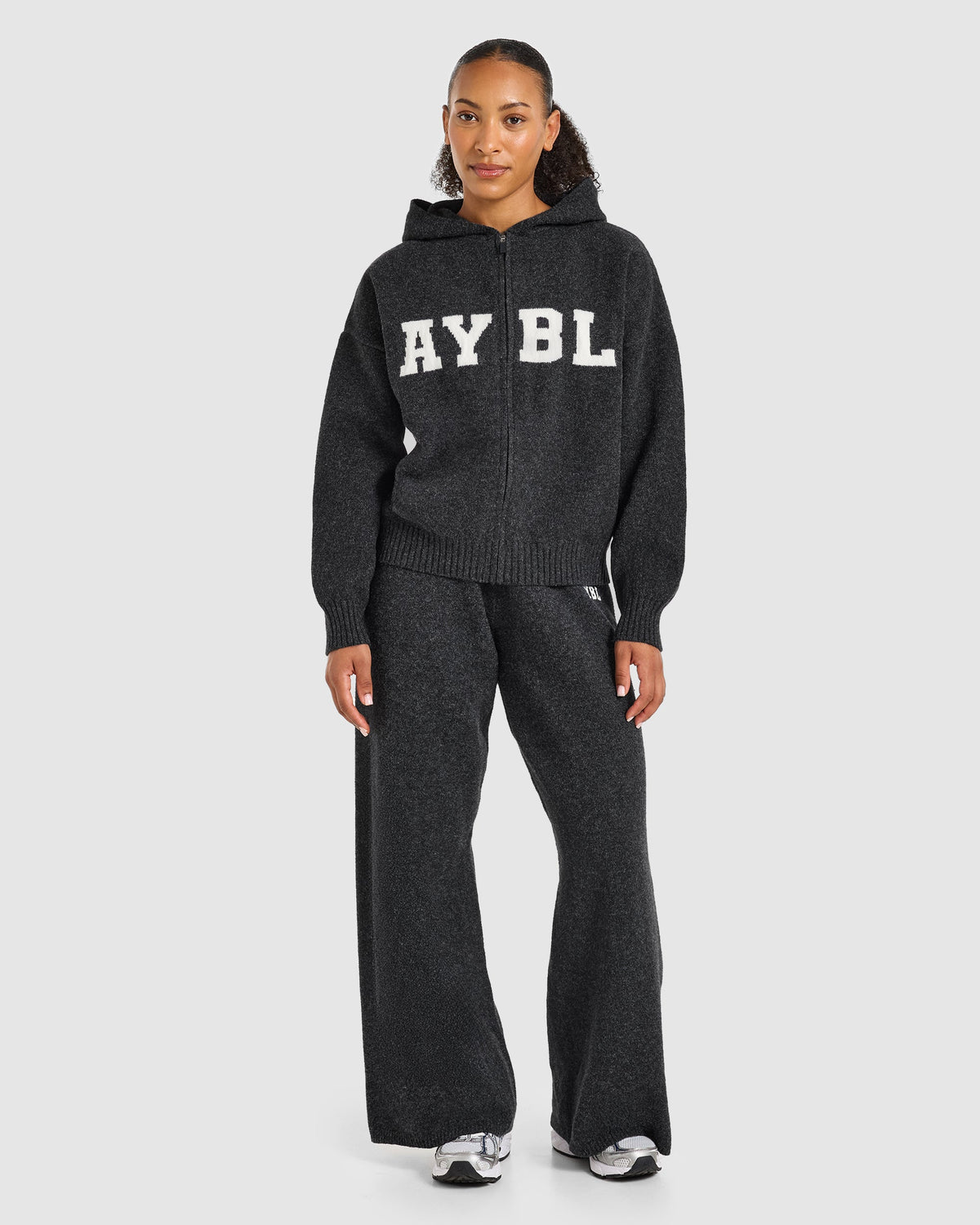 Varsity Oversized Knitted Zip Up Hoodie - Charcoal