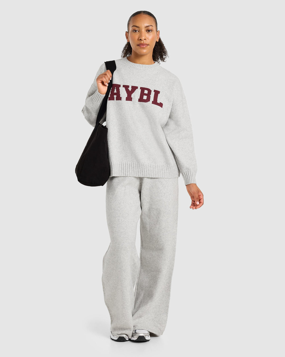 Varsity Oversized Knitted Sweater - Grey Marl/Burgundy