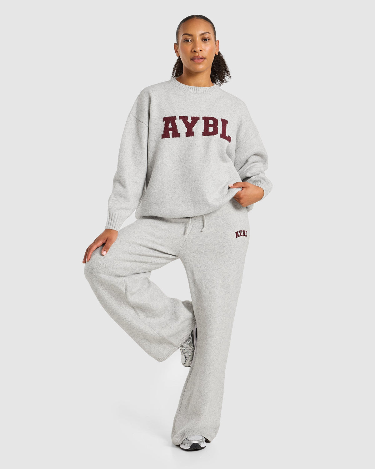 Varsity Oversized Knitted Joggers - Grey Marl/Burgundy