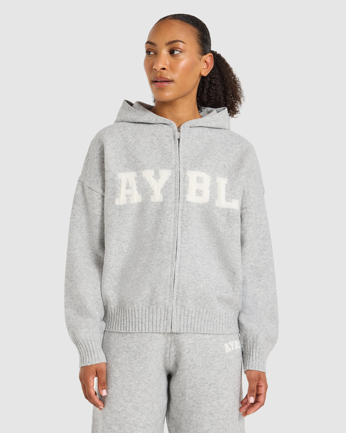 Varsity Oversized Knitted Zip Up Hoodie - Grey Marl