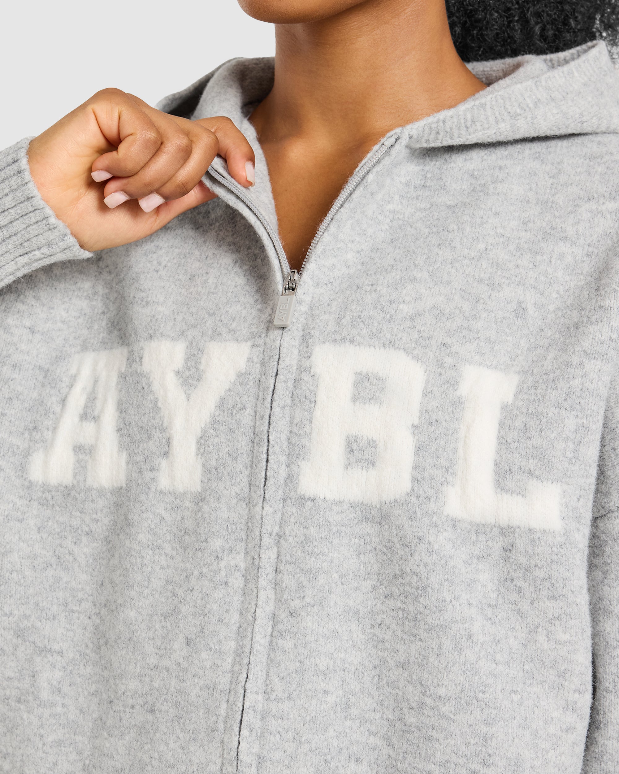 Varsity Oversized Knitted Zip Up Hoodie - Grey Marl