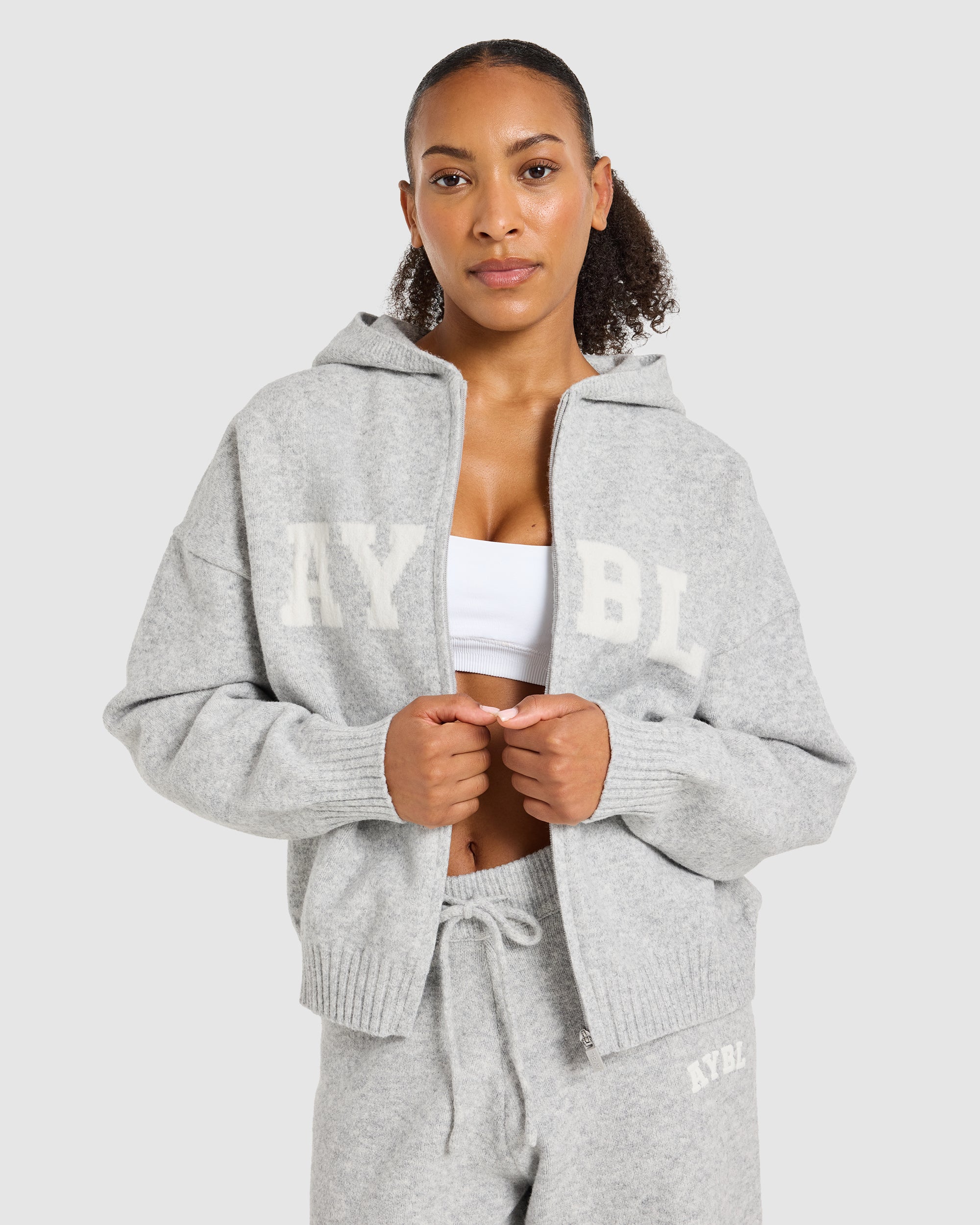 Varsity Oversized Knitted Zip Up Hoodie - Grey Marl