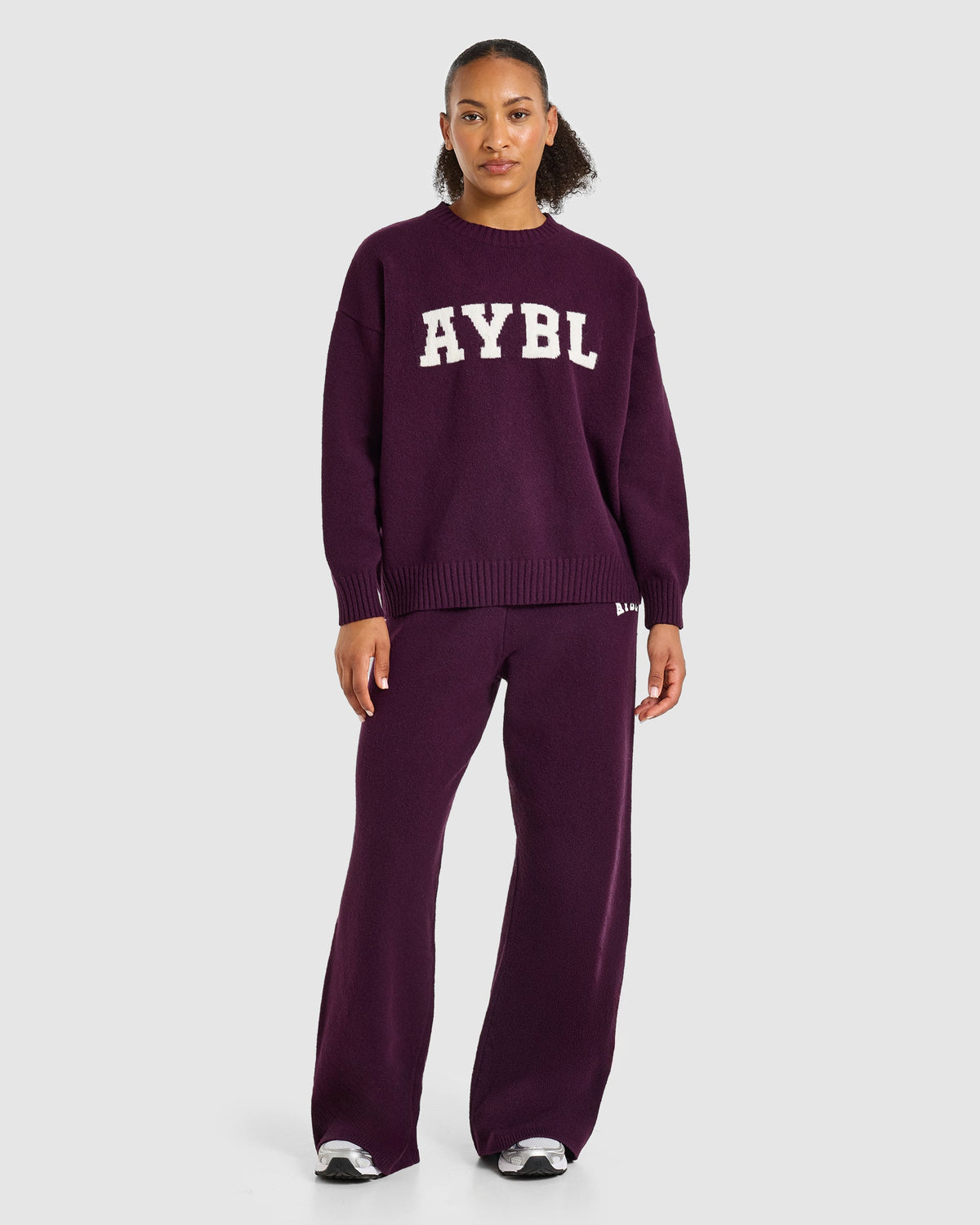 Varsity Oversized Knitted Joggers - Plum