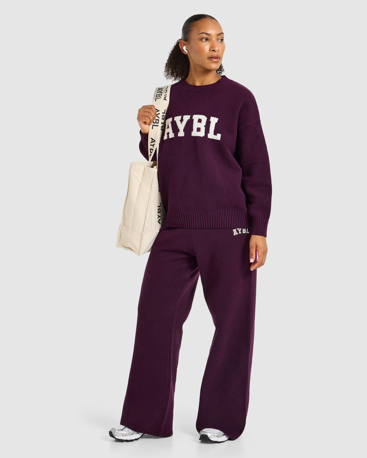 Varsity Oversized Knitted Joggers - Plum