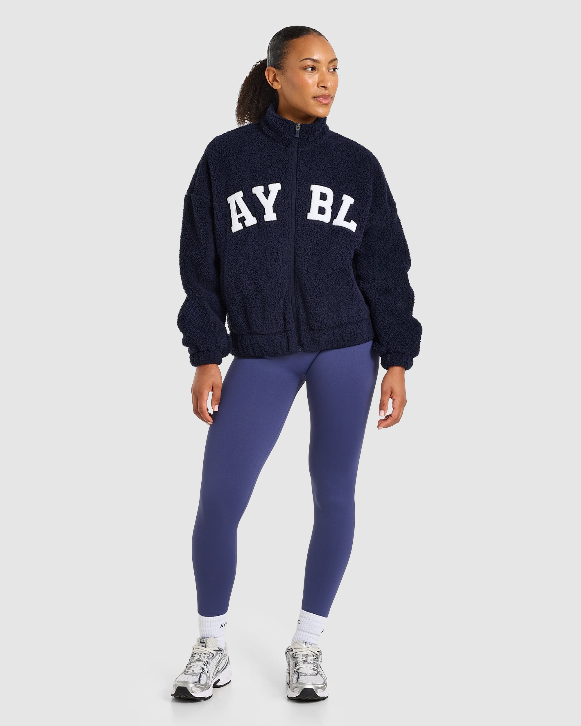 Varsity Oversized Fleece Zip Up Jacket - Navy