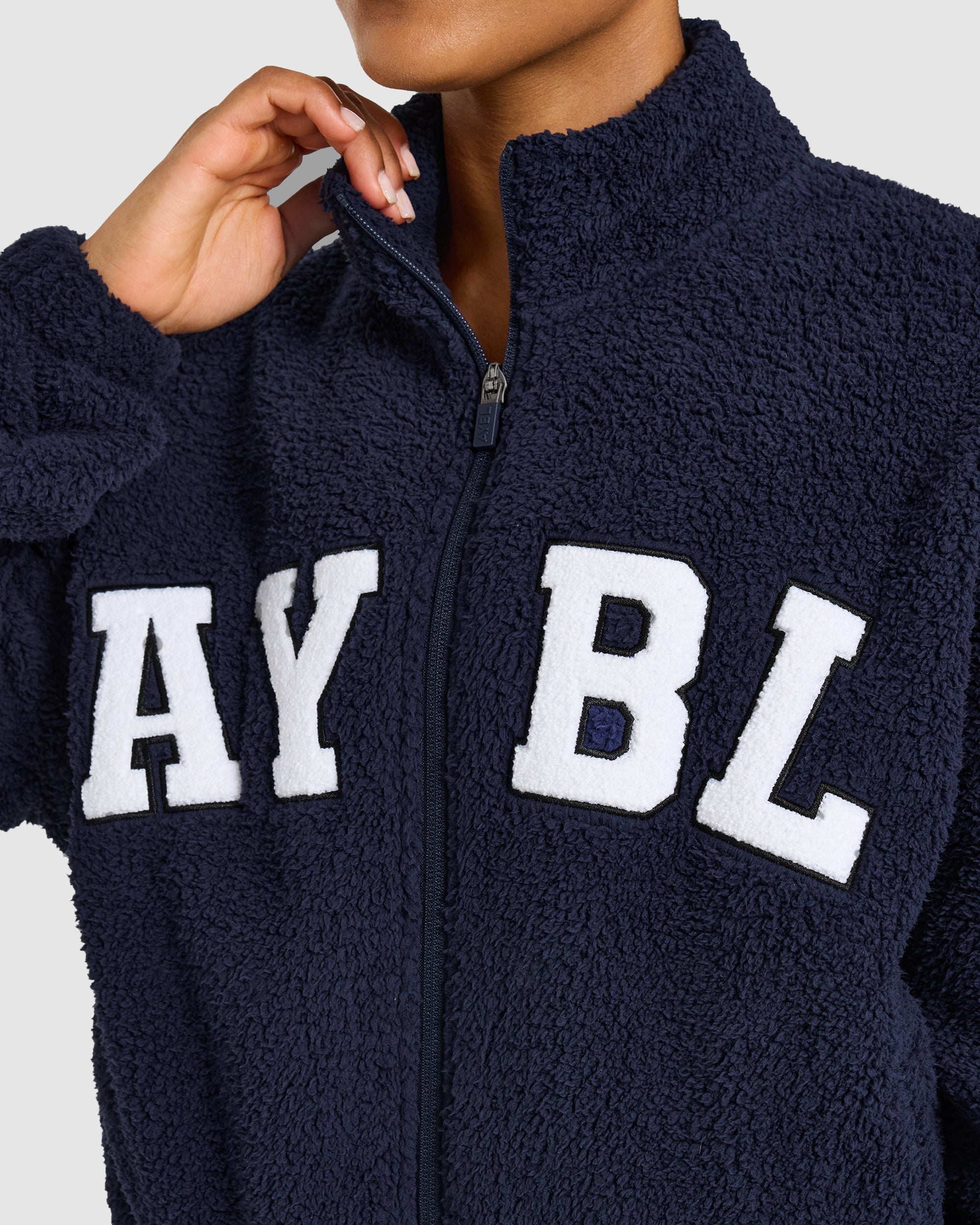 Varsity Oversized Fleece Zip Up Jacket - Navy
