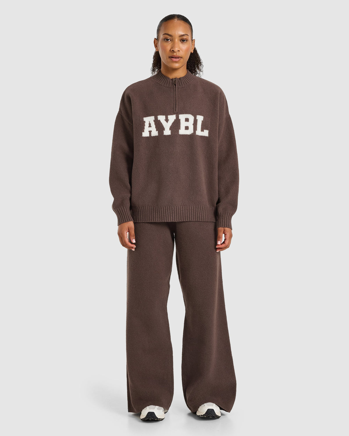 Varsity Oversized Knitted 1/4 Zip Pullover - Brown