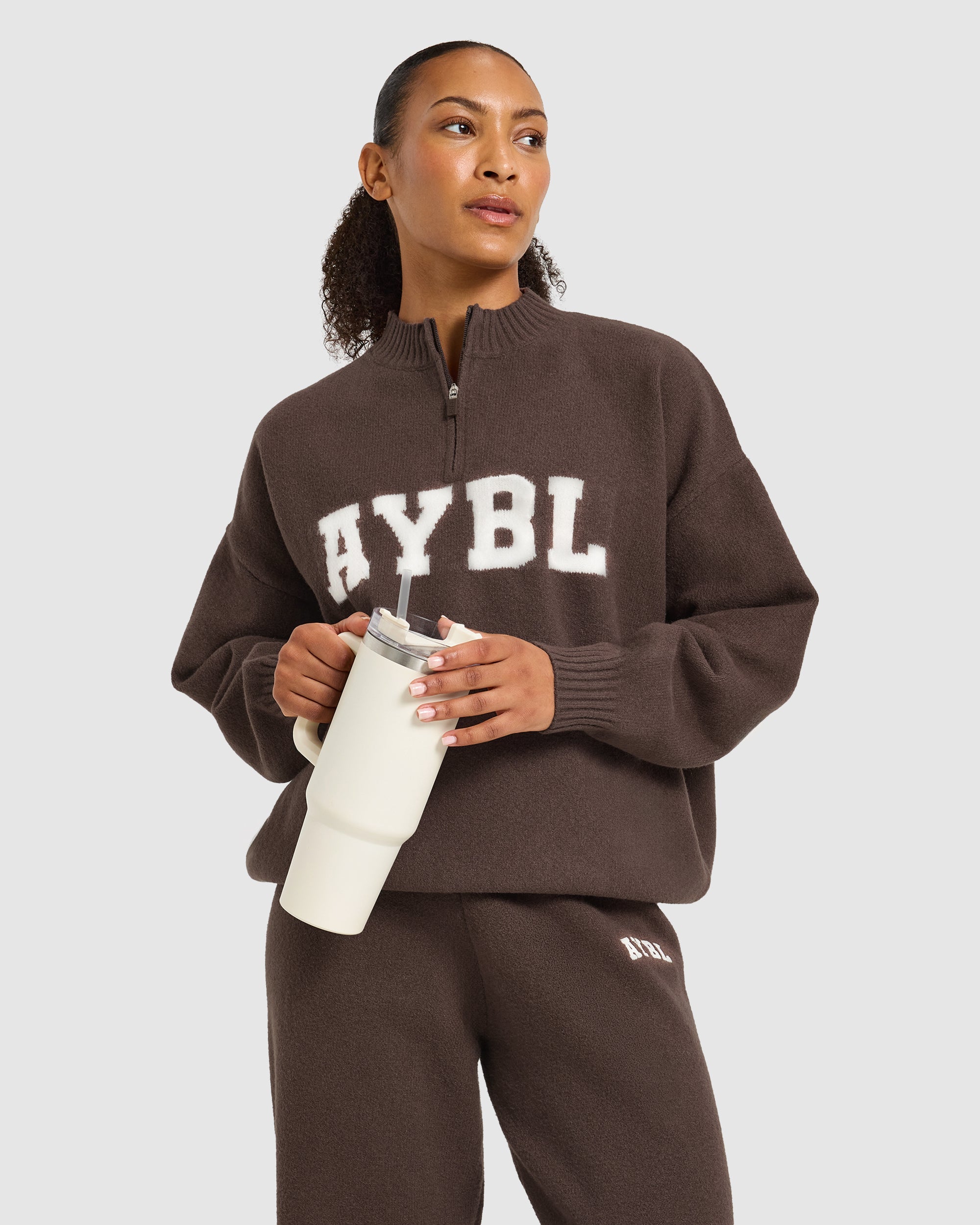 Varsity Oversized Knitted 1/4 Zip Pullover - Brown