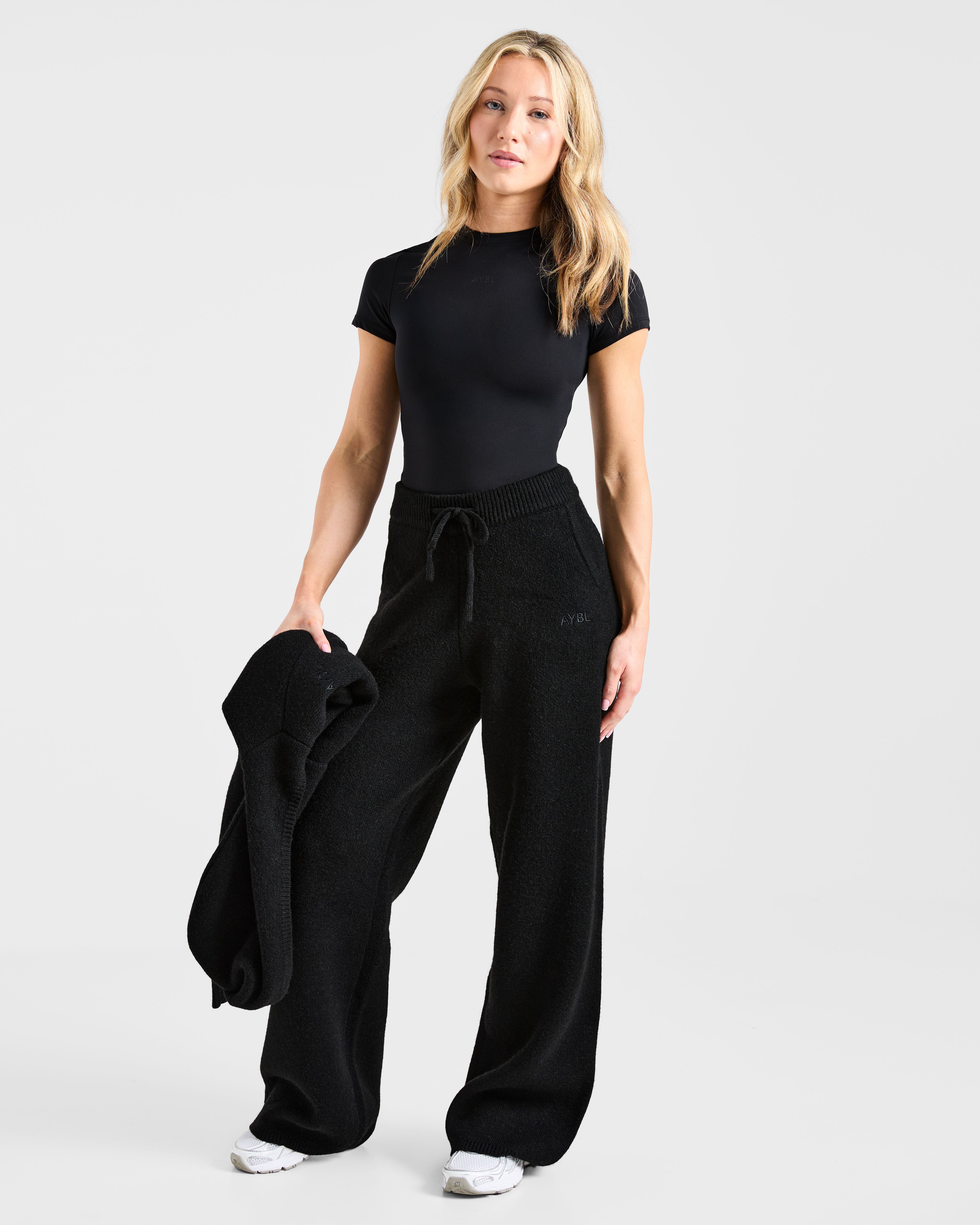 Soft Oversized Knitted Straight Leg Joggers - Black