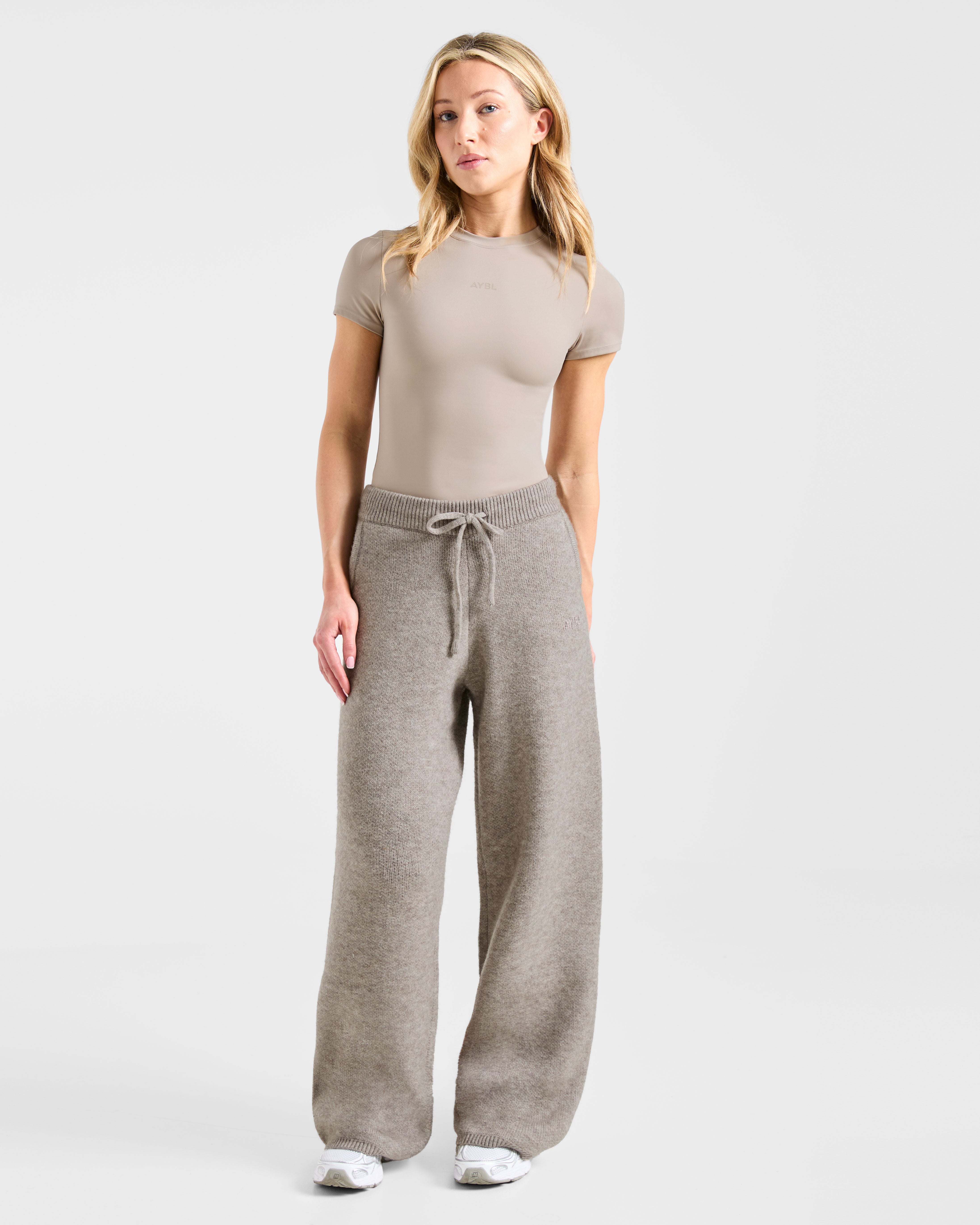 Soft Oversized Knitted Straight Leg Joggers - Brown Marl