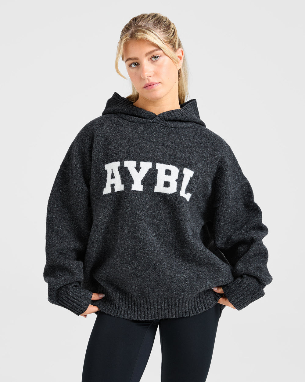 Varsity Oversized Knitted Hoodie Charcoal