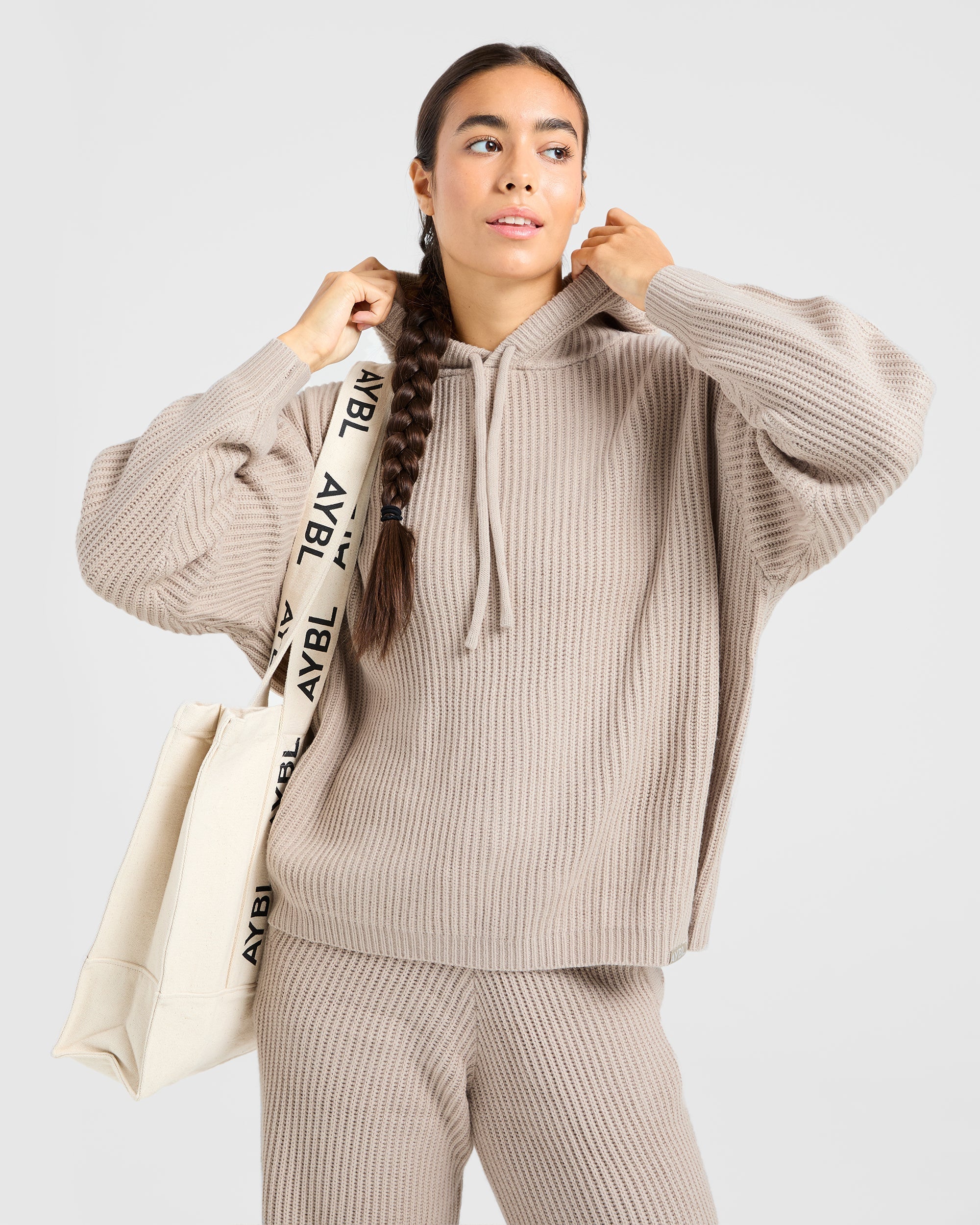 Lounge Oversized Knit Hoodie - Taupe Brown