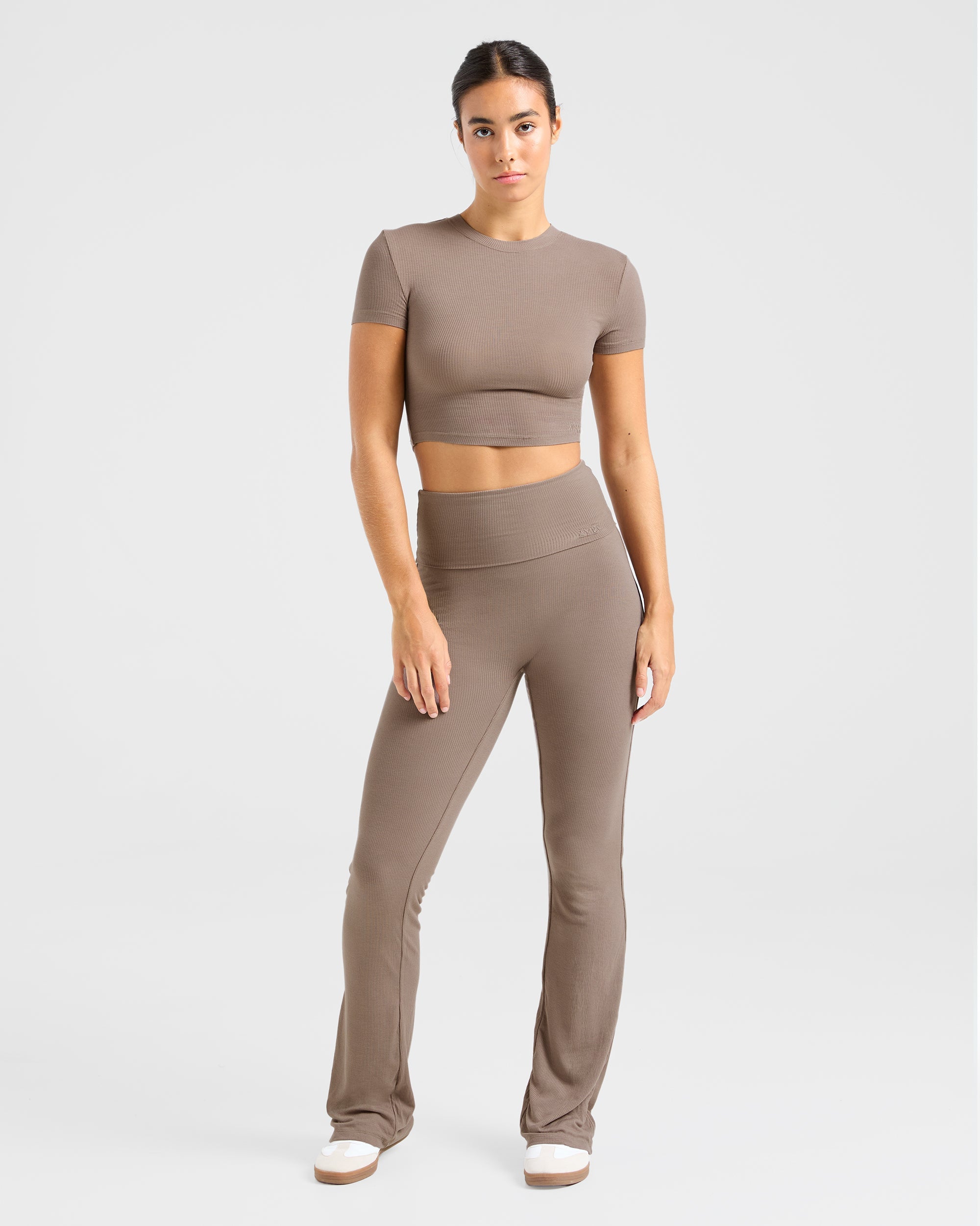 Lounge Ribbed Foldover Flared Leggings - Mocha