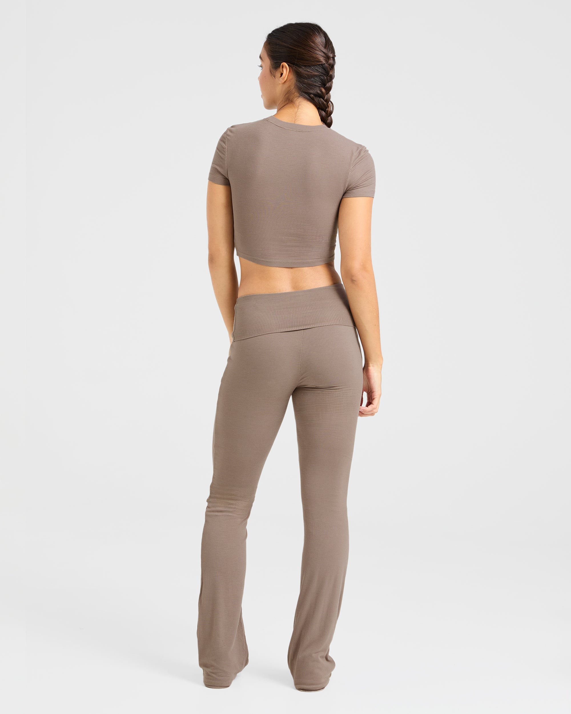 Lounge Ribbed Foldover Flared Leggings - Mocha