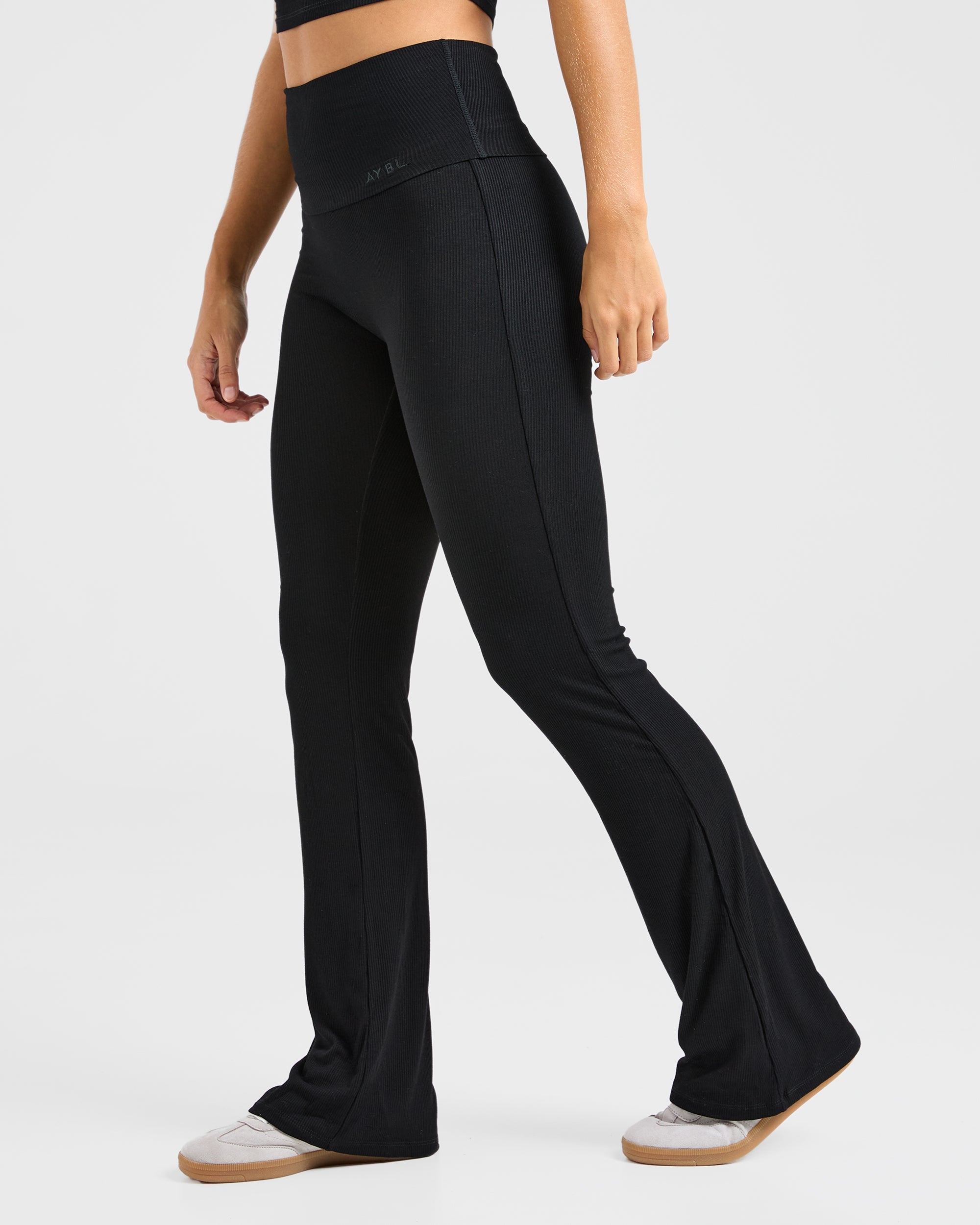 Lounge Ribbed Foldover Flared Leggings - Black