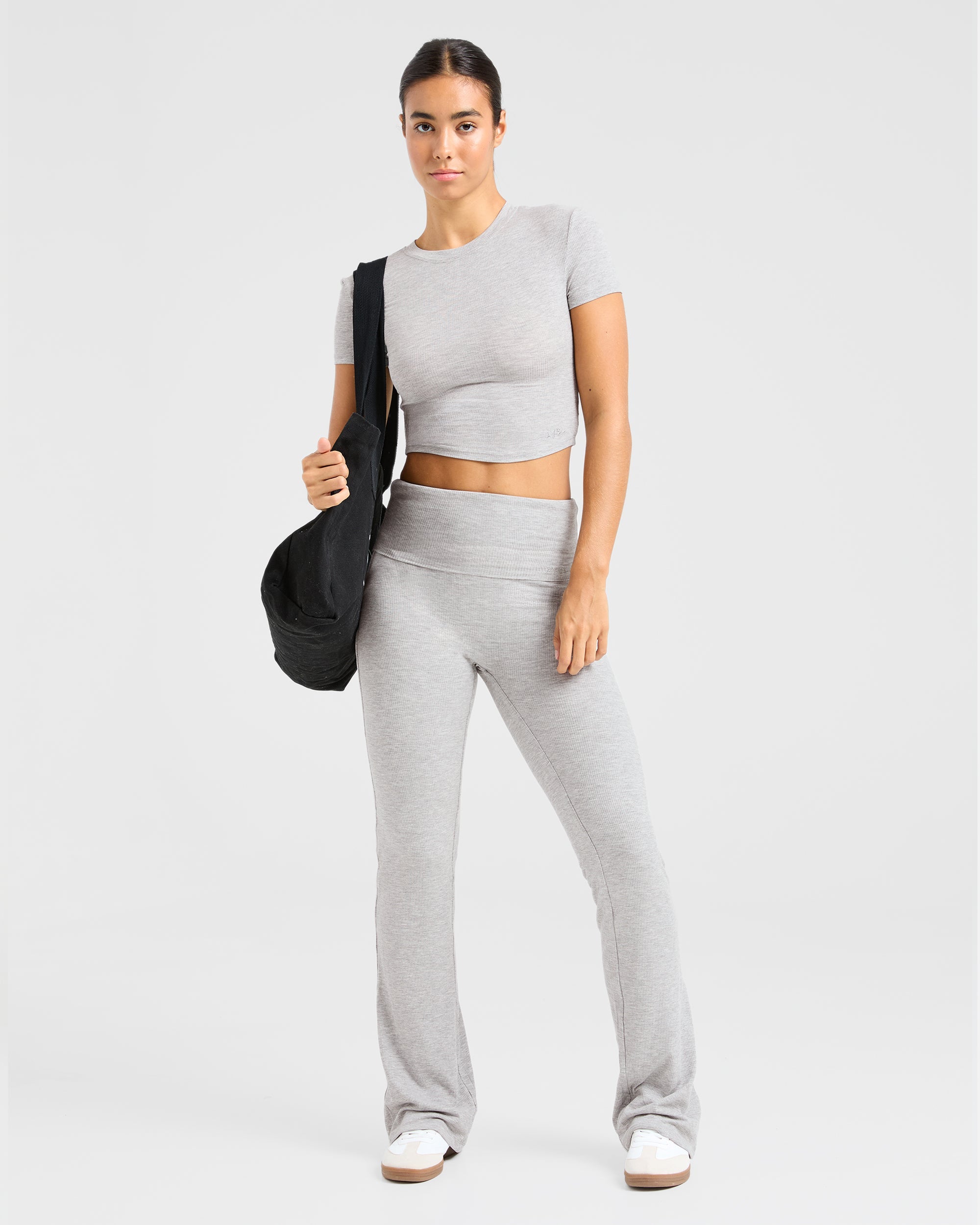 Lounge Ribbed Foldover Flared Leggings - Grey Marl