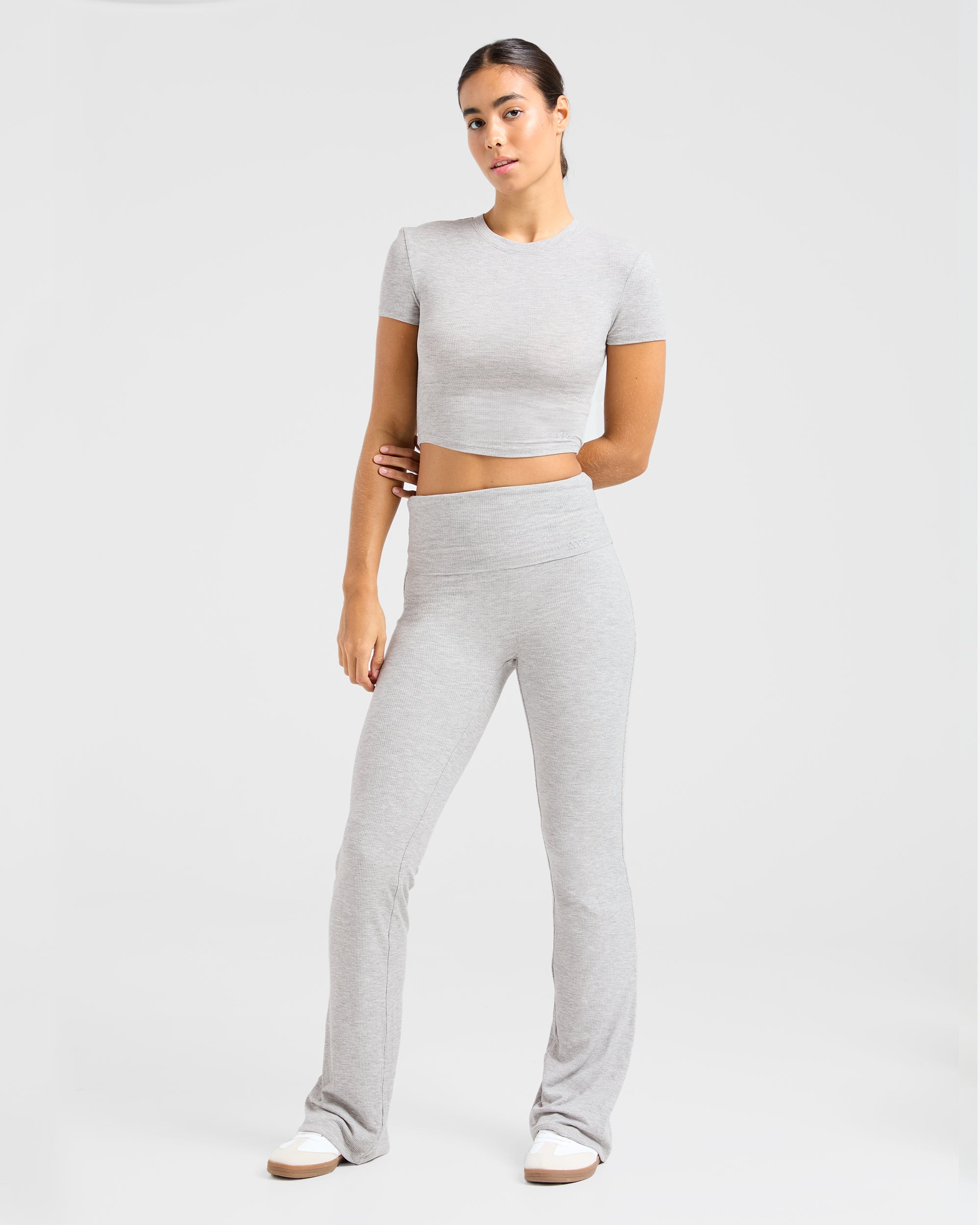 Lounge Ribbed Foldover Flared Leggings - Grey Marl