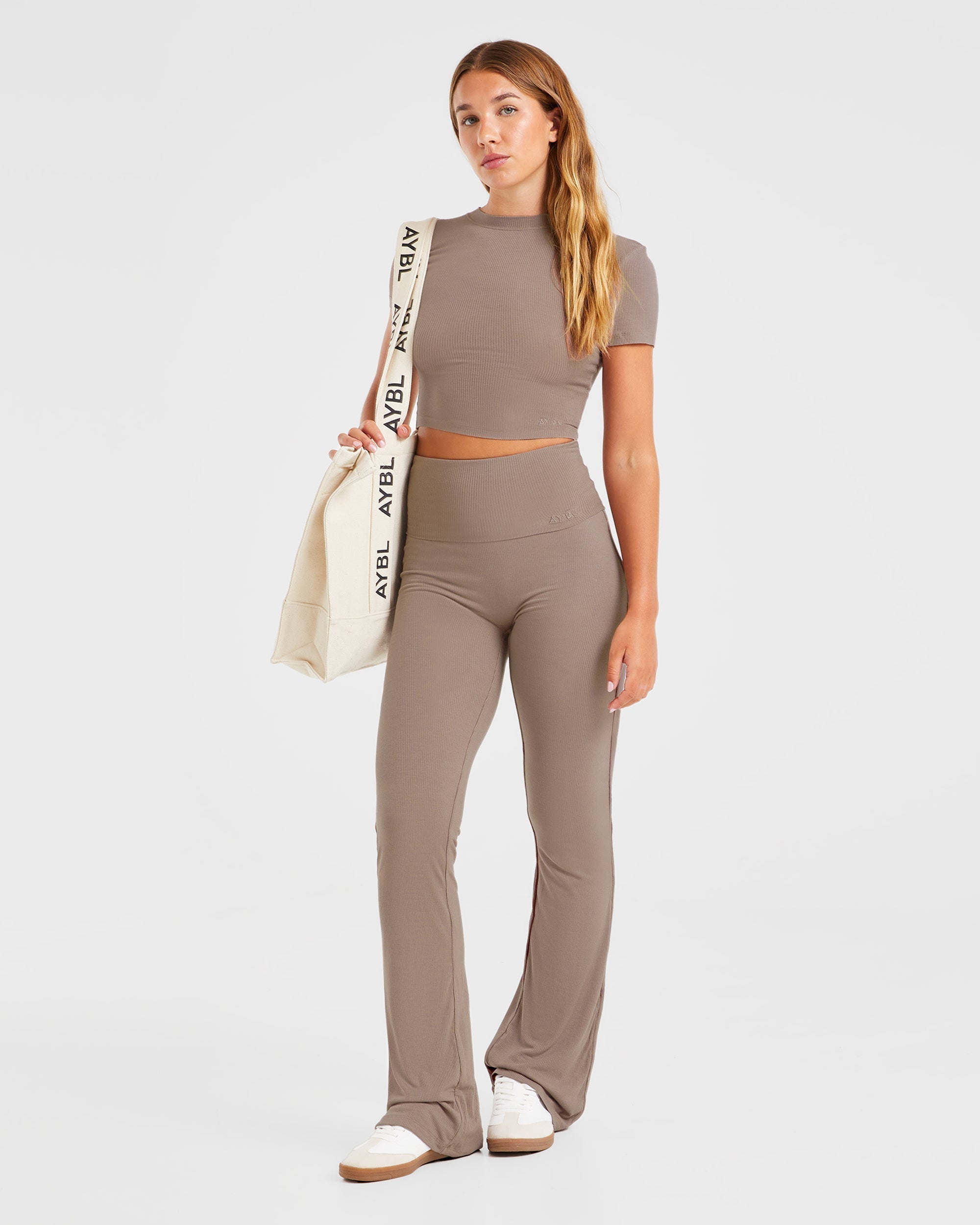 Lounge Ribbed Foldover Flared Leggings - Mocha