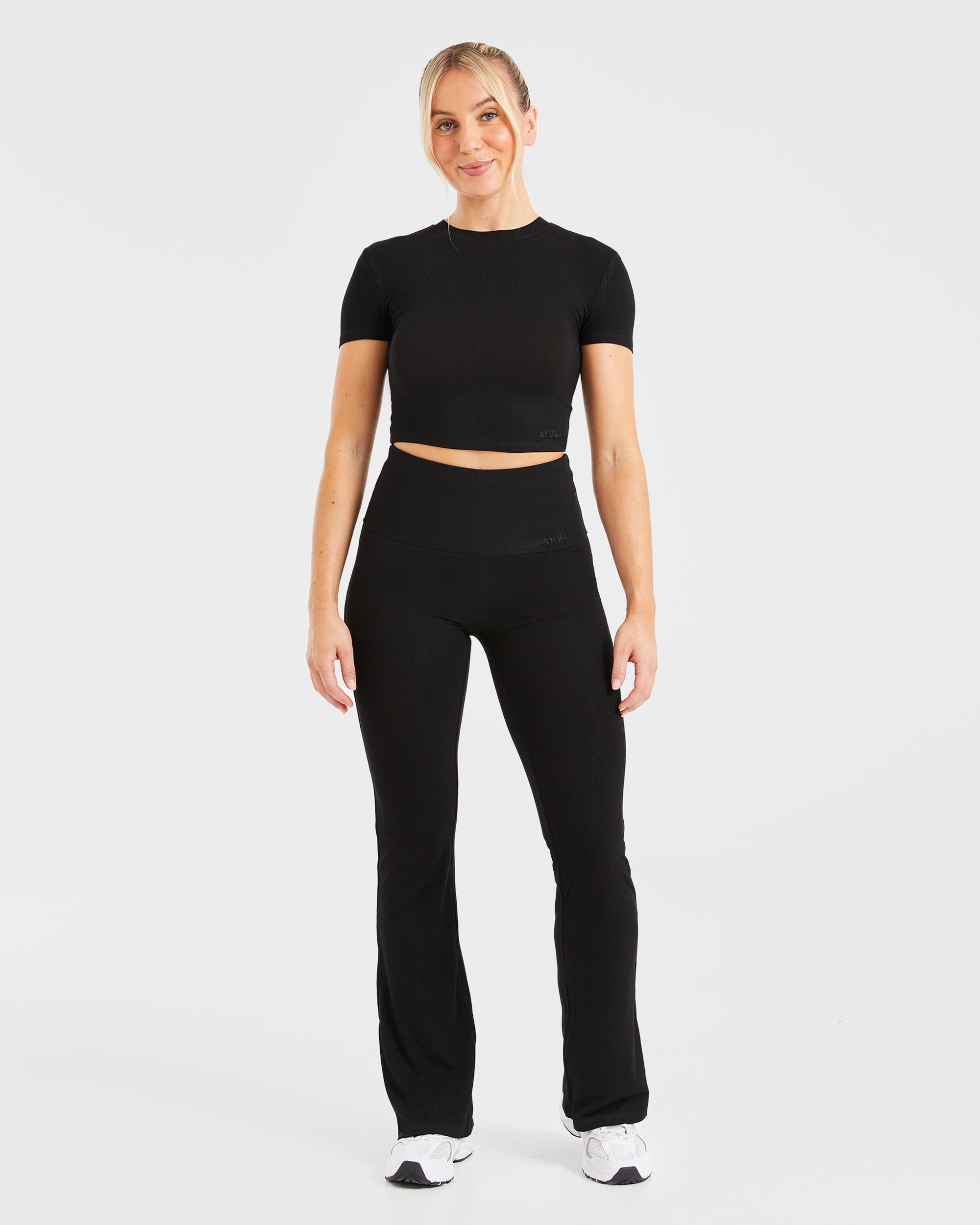 Lounge Ribbed Foldover Flared Leggings - Black