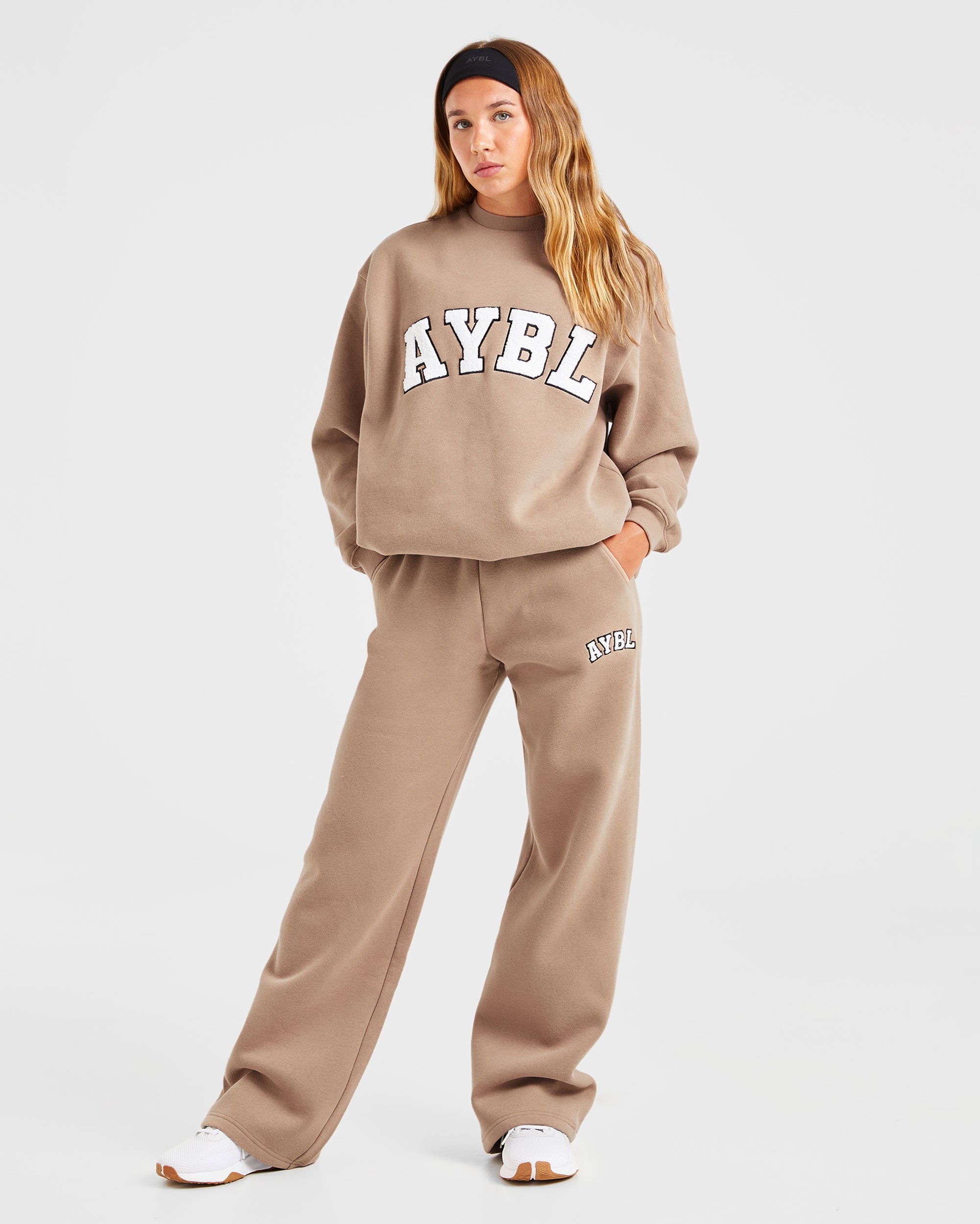 Varsity Oversized Straight Leg Joggers - Latte Brown